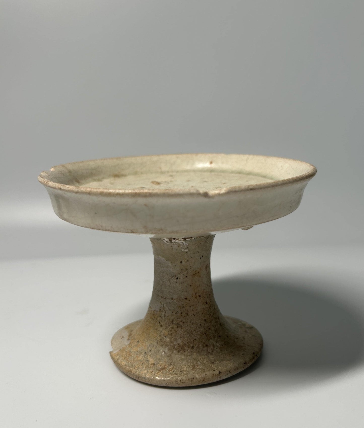 White Pottery Stem Dish | Rustic Stoneware Pedestal Offering Bowl | Primitive Ceramic Display Stand