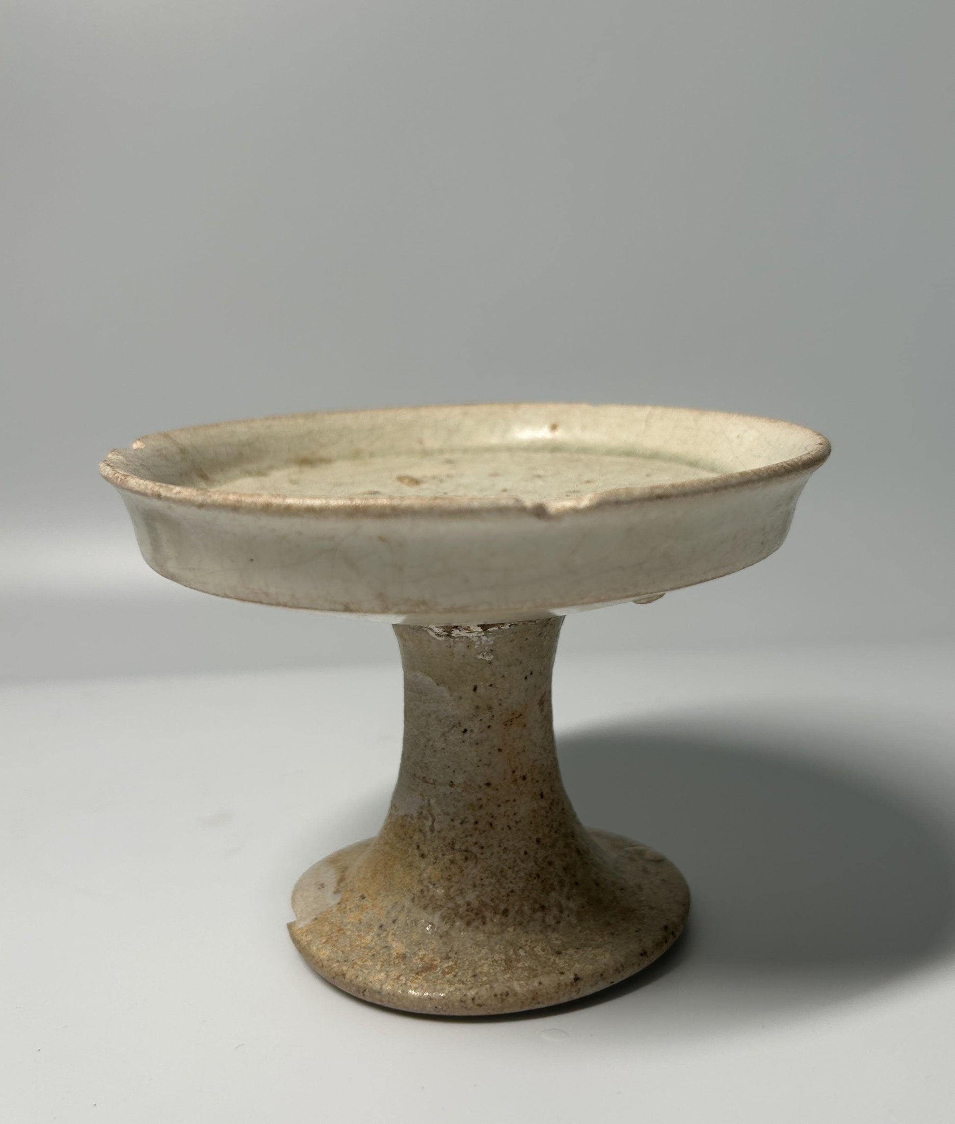 White Pottery Stem Dish | Rustic Stoneware Pedestal Offering Bowl | Primitive Ceramic Display Stand