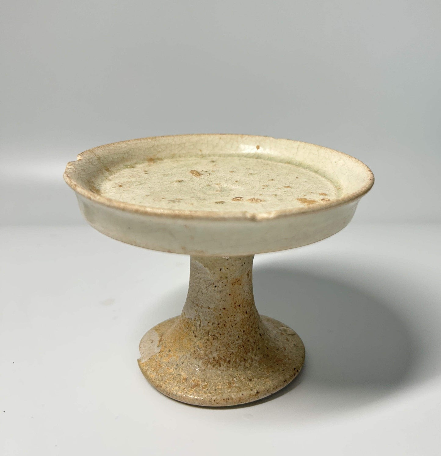 White Pottery Stem Dish | Rustic Stoneware Pedestal Offering Bowl | Primitive Ceramic Display Stand