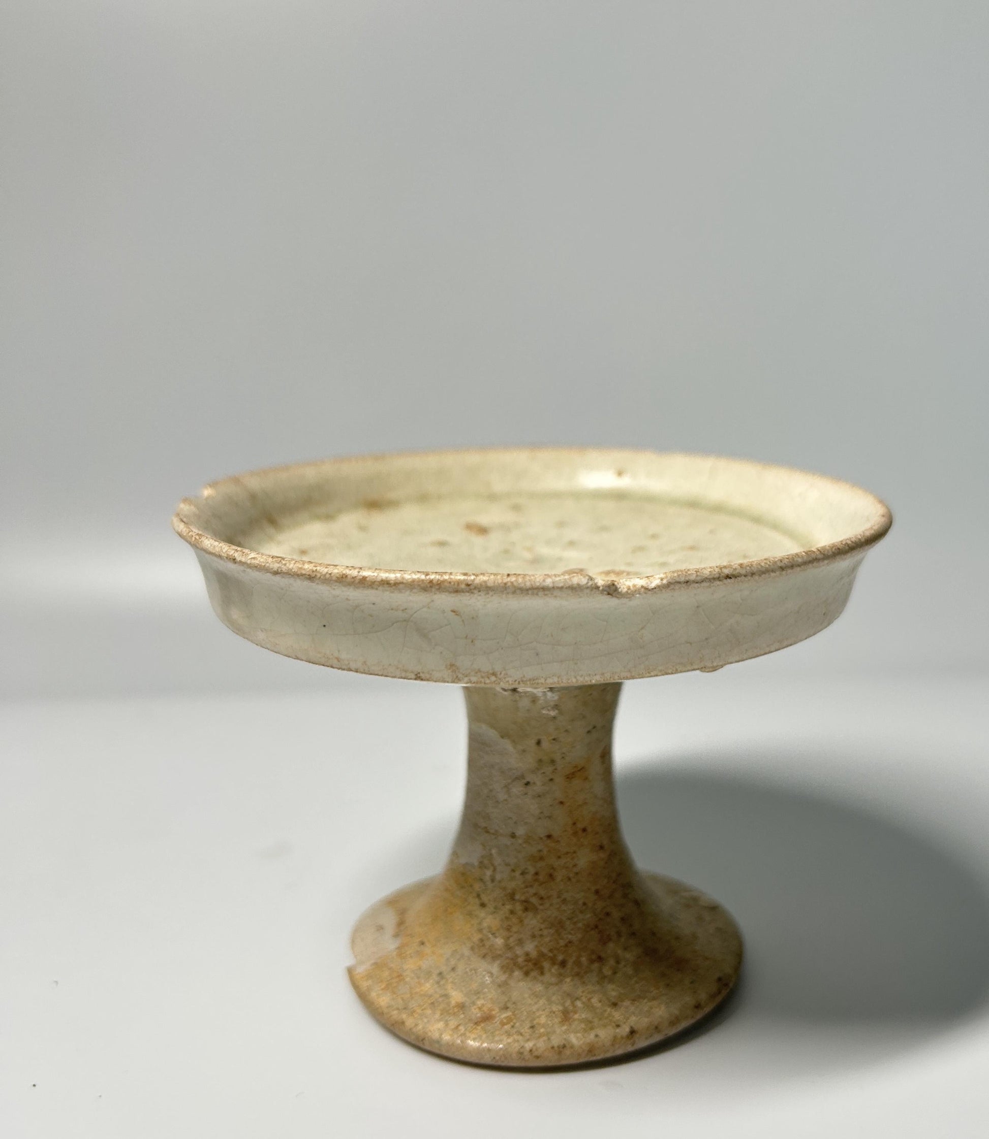 White Pottery Stem Dish | Rustic Stoneware Pedestal Offering Bowl | Primitive Ceramic Display Stand