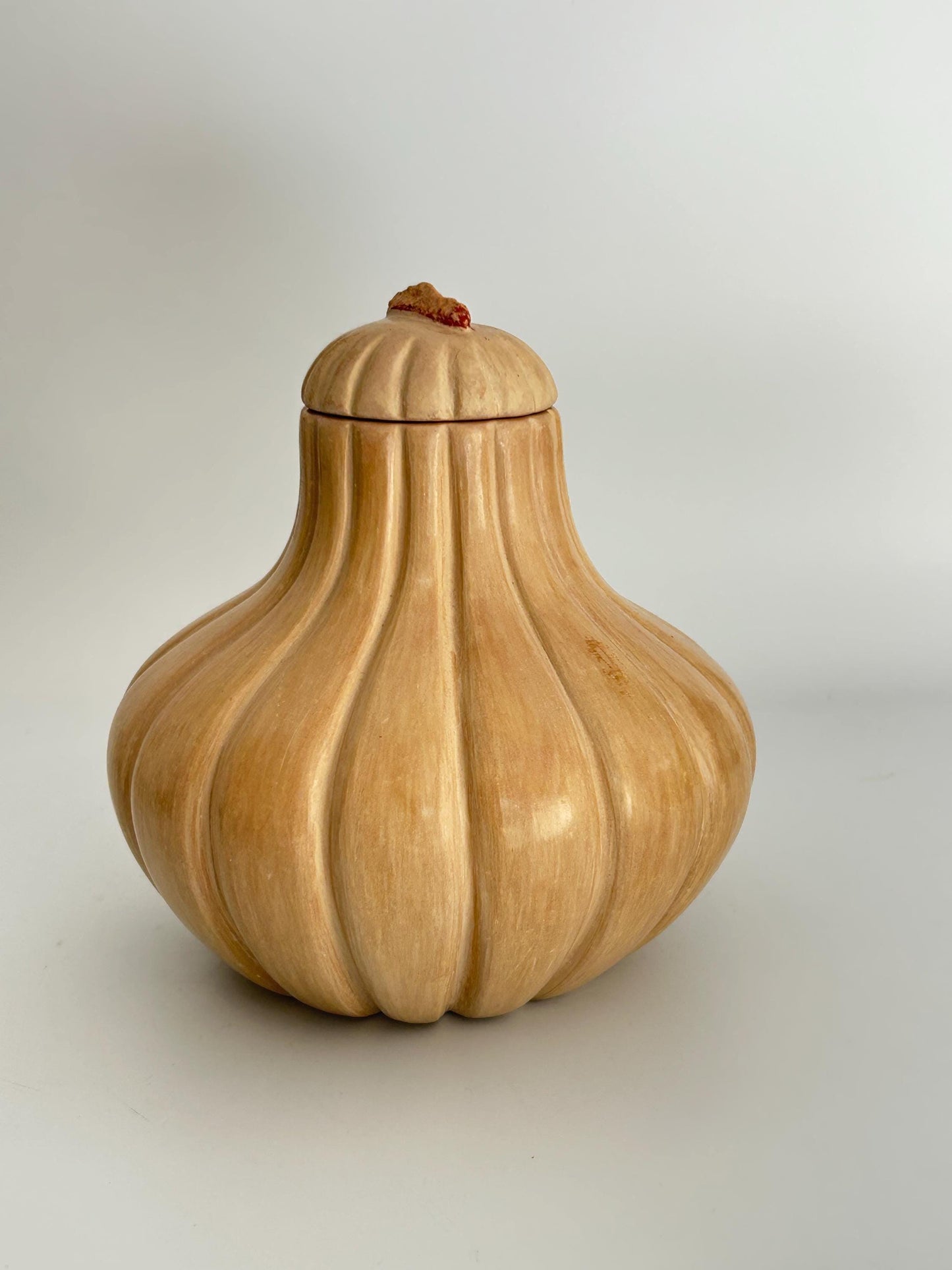 Handmade Garlic Bulb Pottery Jar – Ribbed Ceramic Lidded Vessel, Signed Artisan Tanware