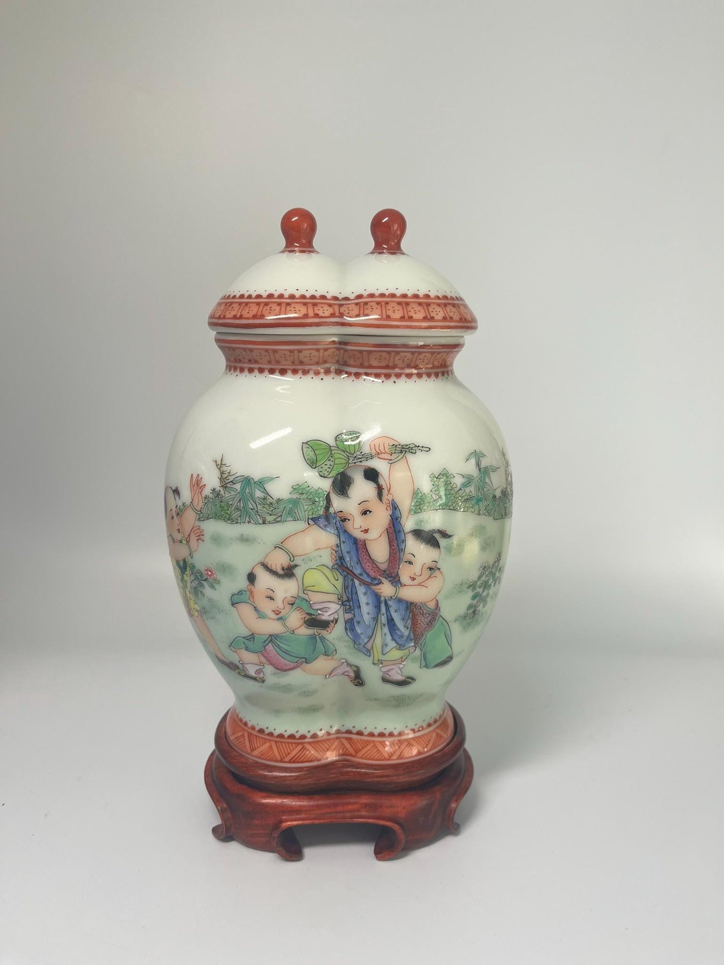 Chinese Porcelain Double Gourd Jar, Children Scene, Famille Rose Style, Qianlong Mark