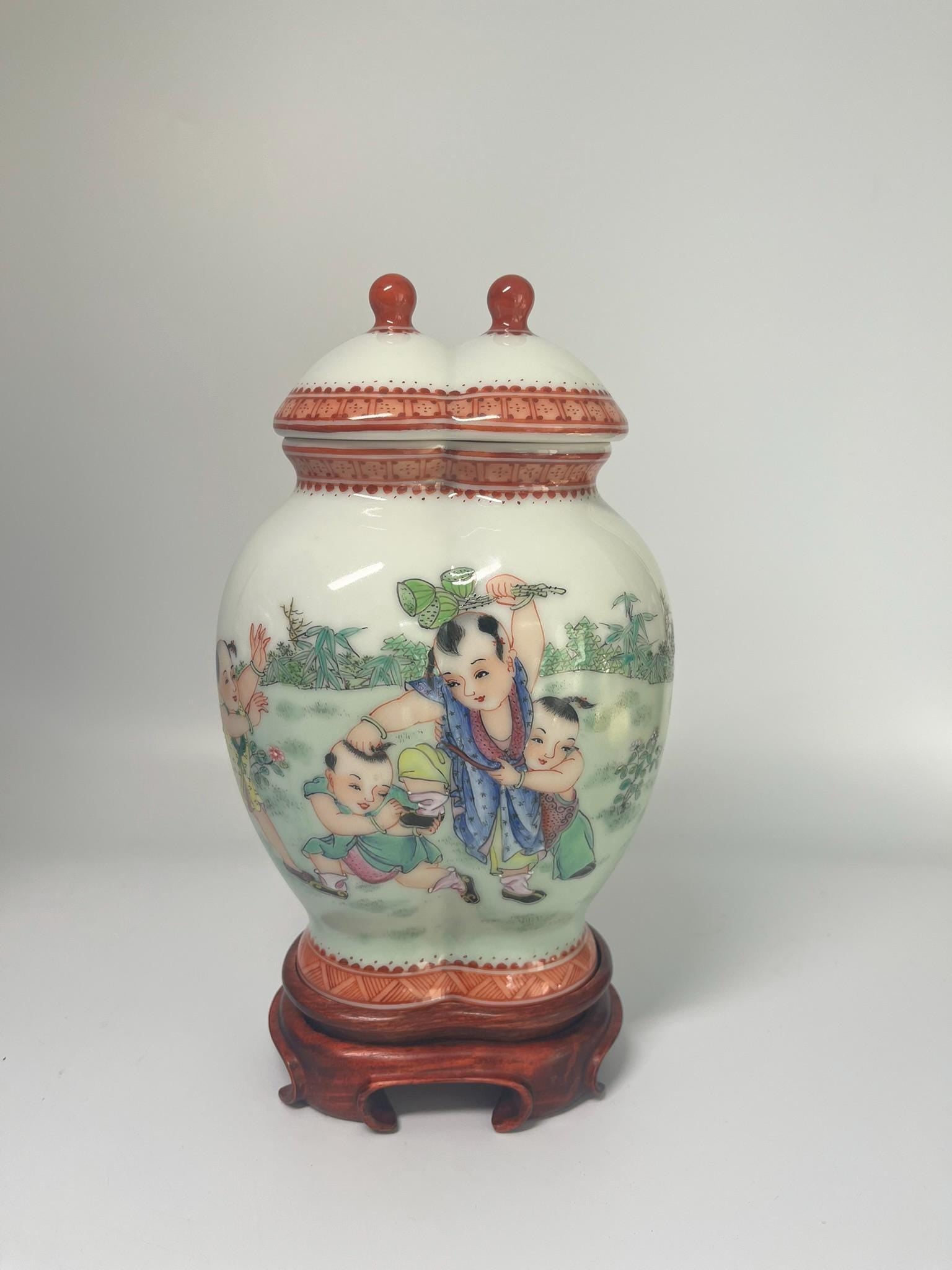 Chinese Porcelain Double Gourd Jar, Children Scene, Famille Rose Style, Qianlong Mark