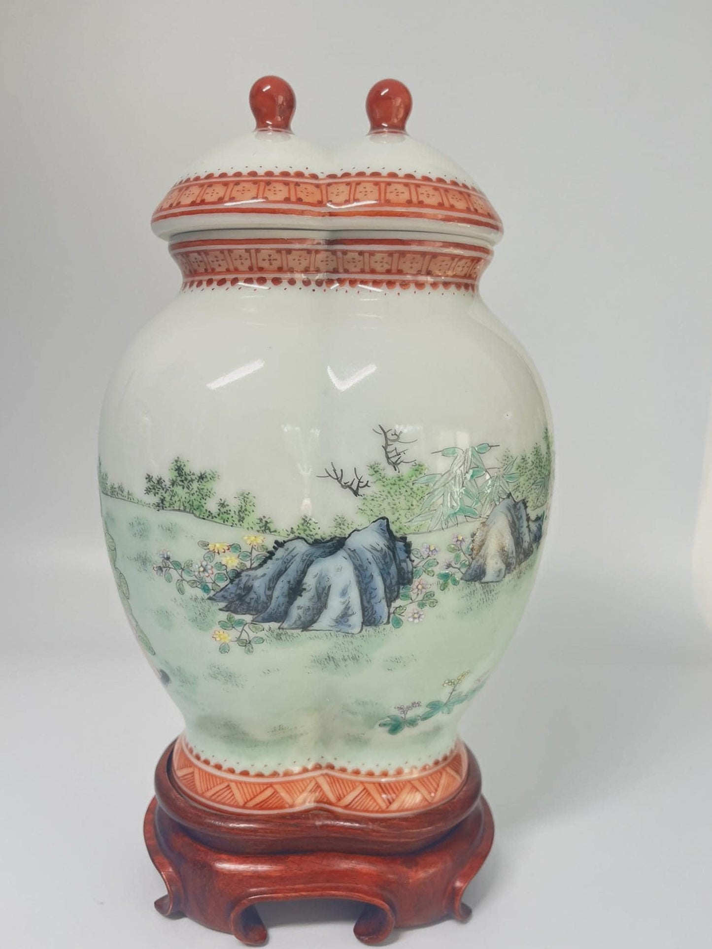 Chinese Porcelain Double Gourd Jar, Children Scene, Famille Rose Style, Qianlong Mark