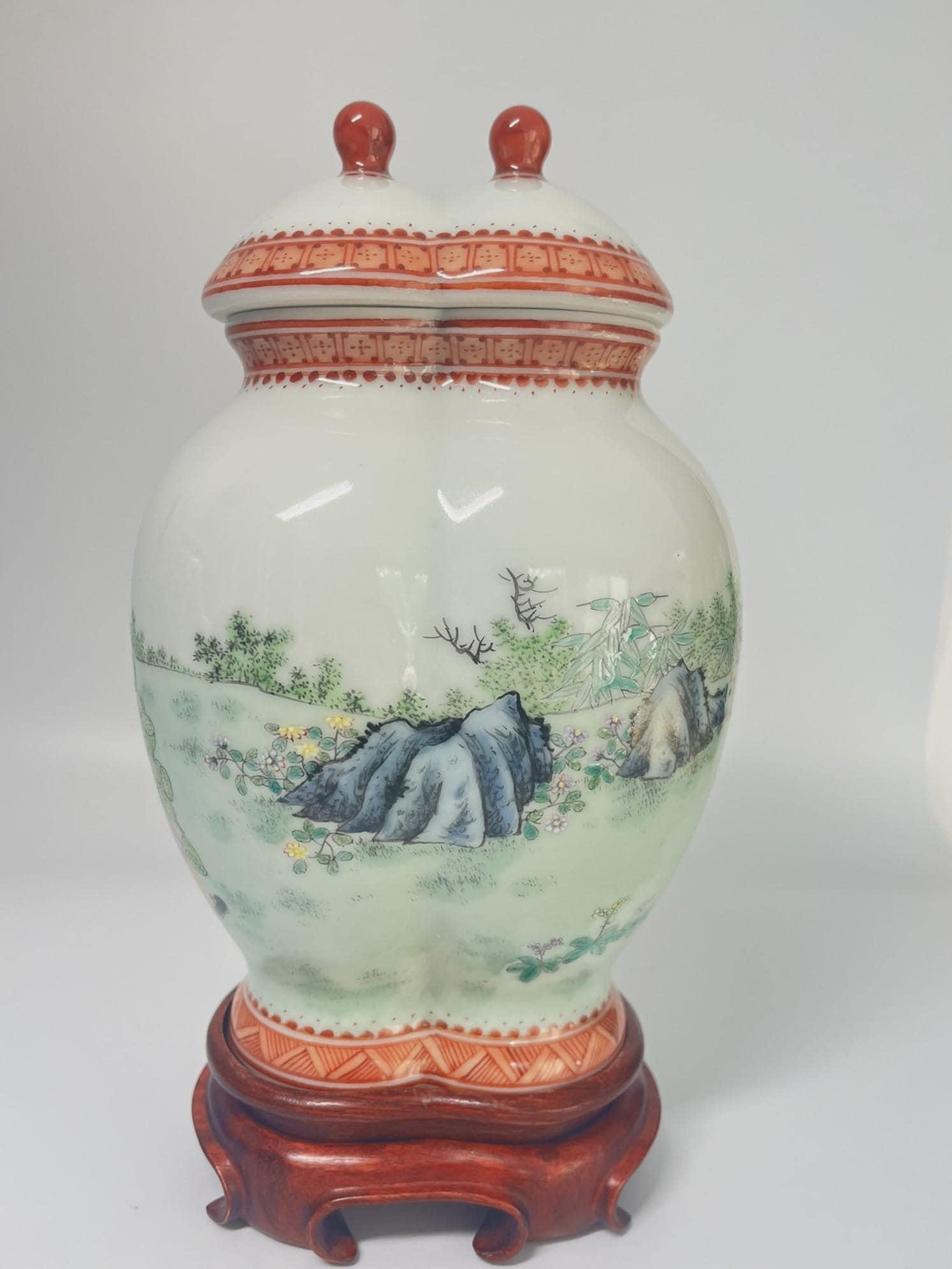 Chinese Porcelain Double Gourd Jar, Children Scene, Famille Rose Style, Qianlong Mark