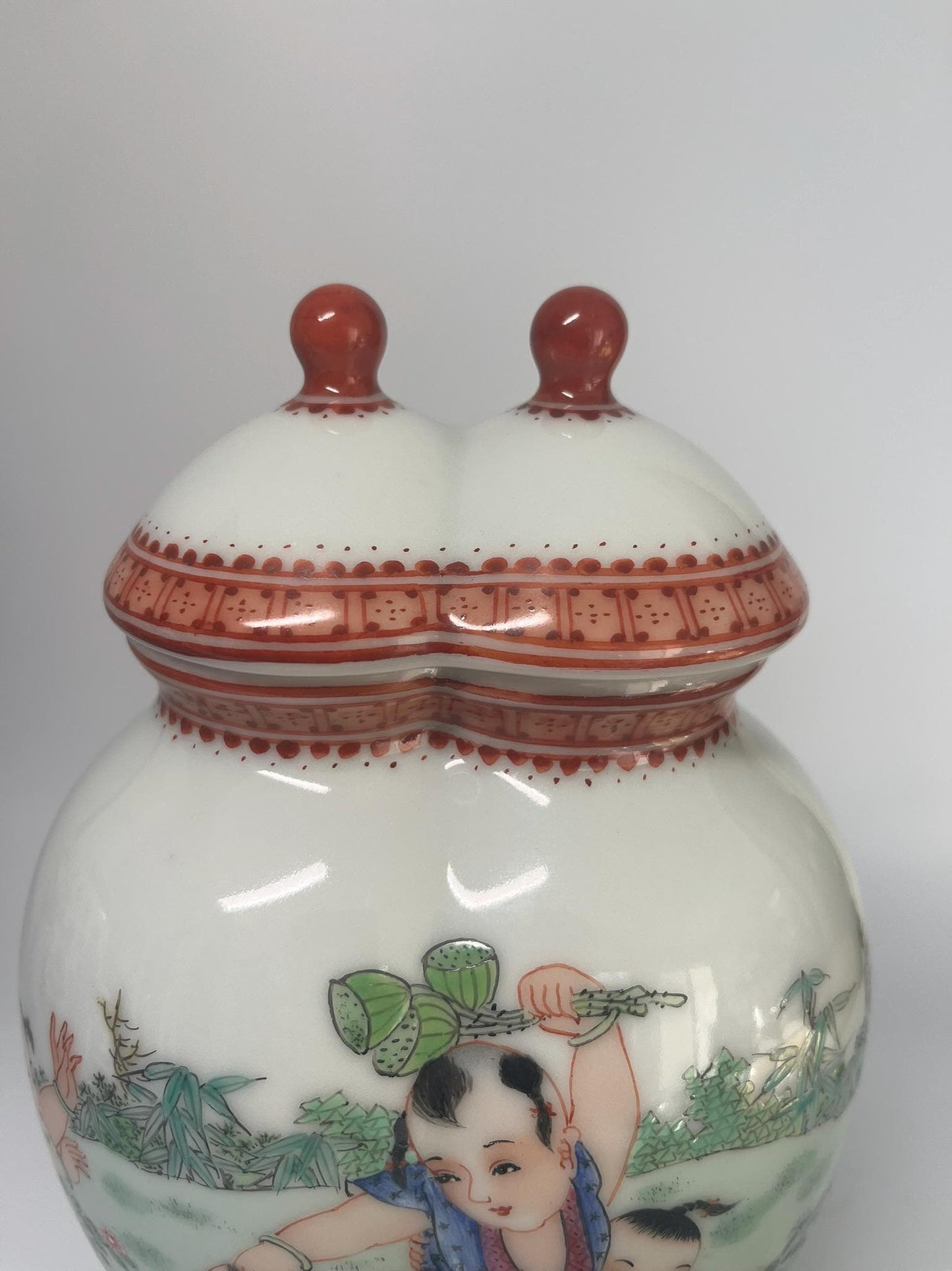 Chinese Porcelain Double Gourd Jar, Children Scene, Famille Rose Style, Qianlong Mark