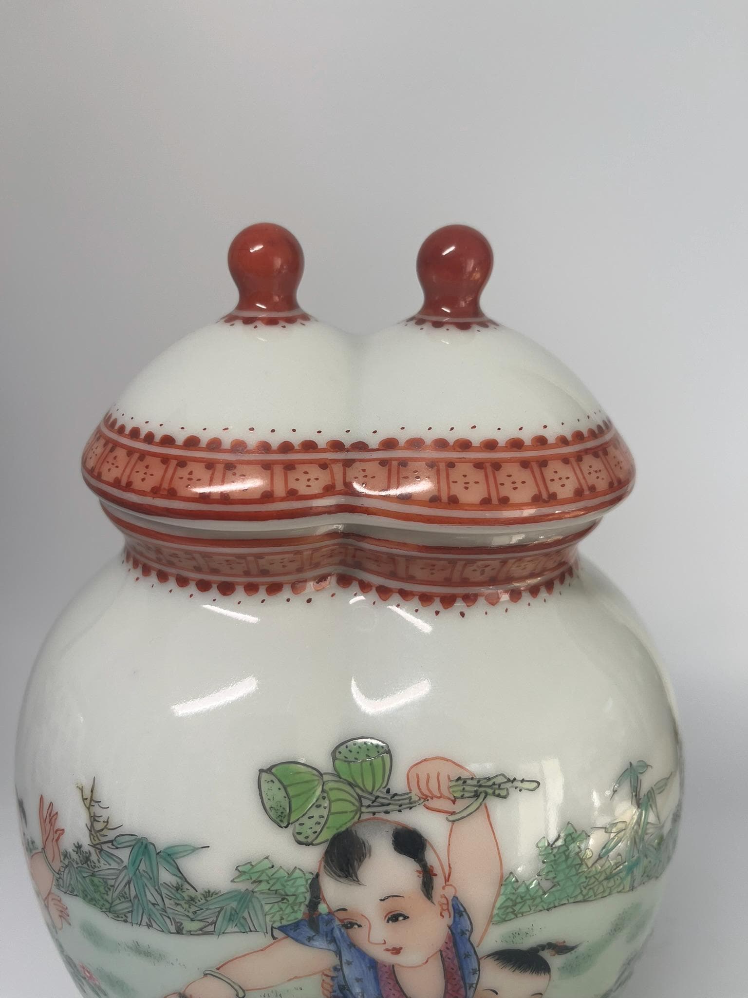 Chinese Porcelain Double Gourd Jar, Children Scene, Famille Rose Style, Qianlong Mark