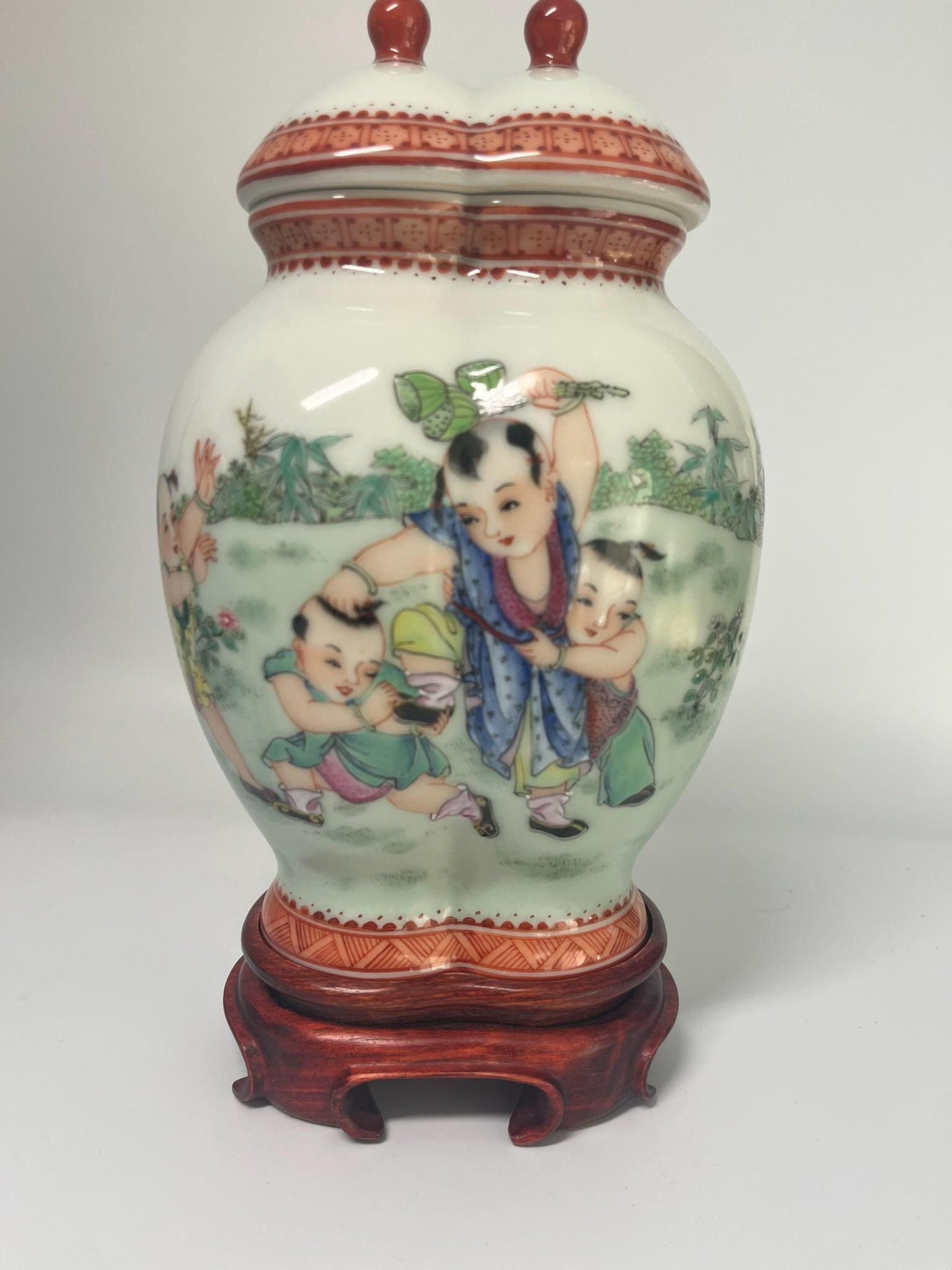 Chinese Porcelain Double Gourd Jar, Children Scene, Famille Rose Style, Qianlong Mark
