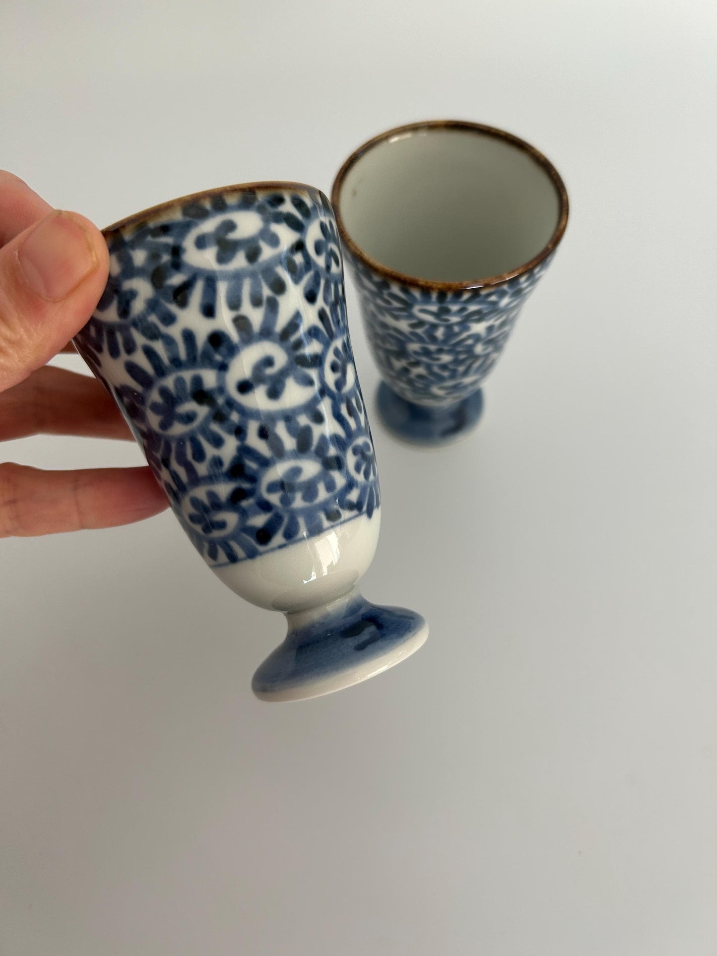 Vintage Pair of Japanese Hand Painted Footed Sake Cups, Imari Arita-yaki Ceramic Tea Cups