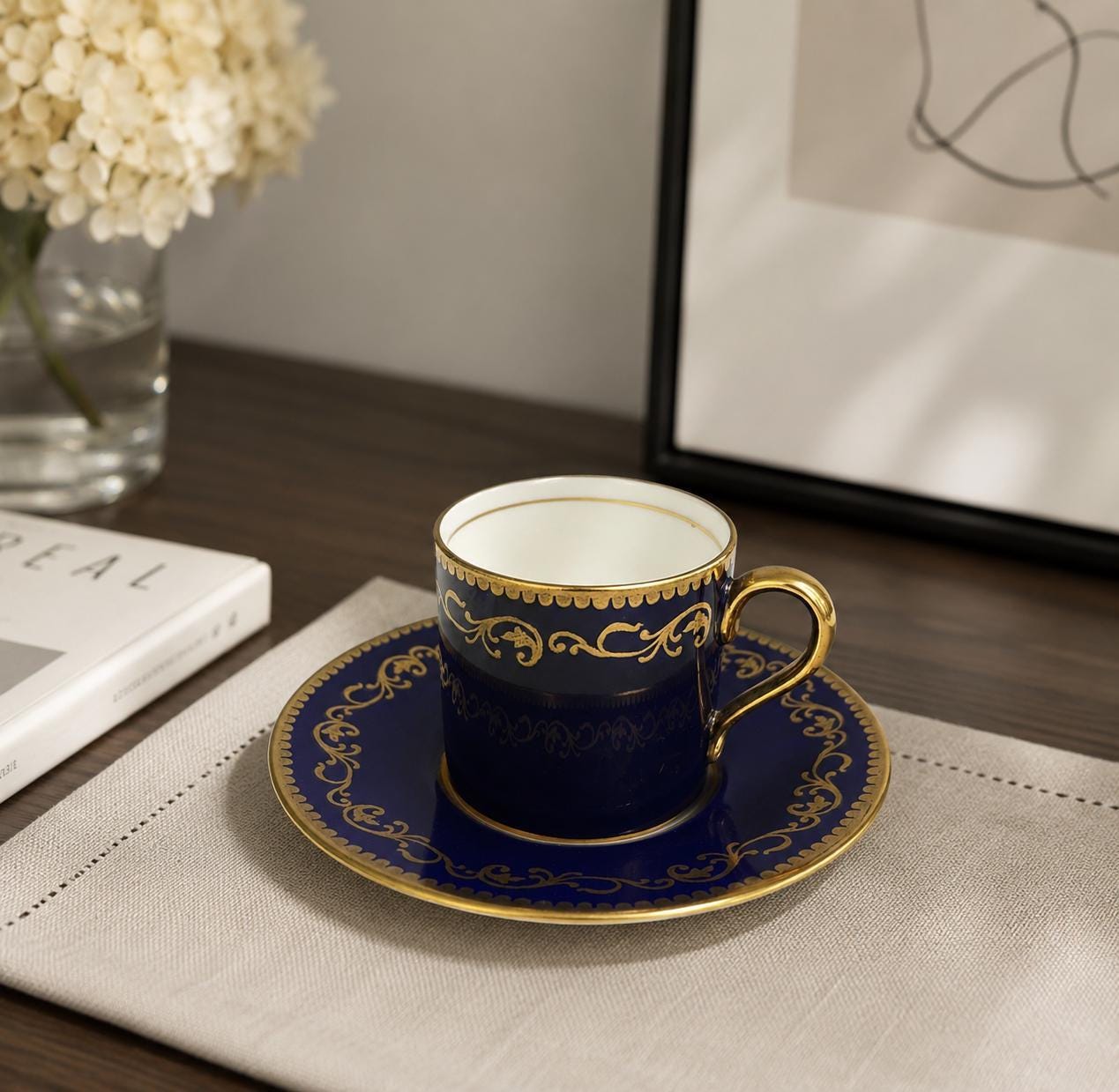Vintage Cobalt Blue Gold Demitasse Cup Saucer | O.P. Co. Syracuse China Porcelain