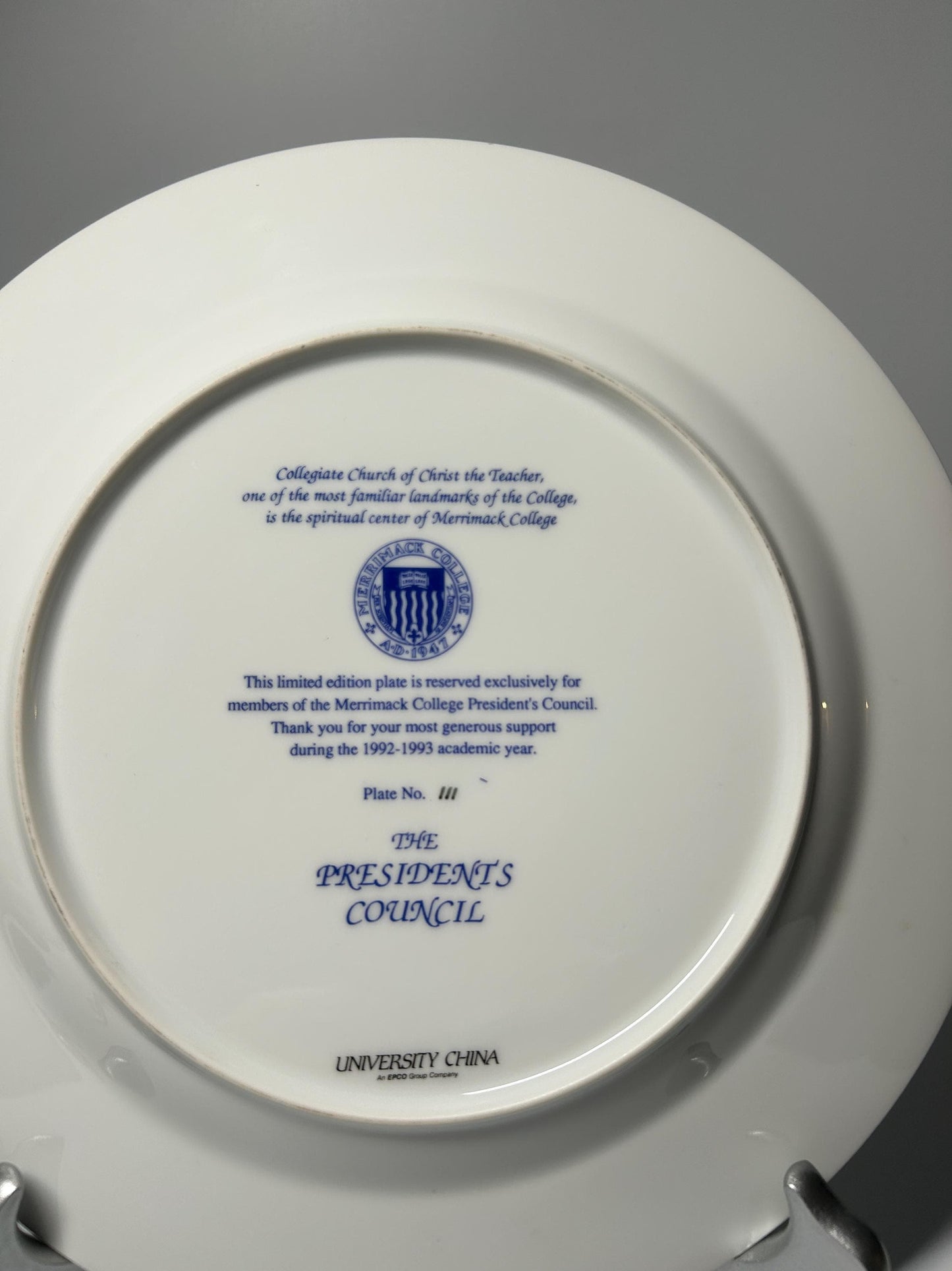 Merrimack College President's Council Commemorative Plate – 1992-1993 Limited Edition University China