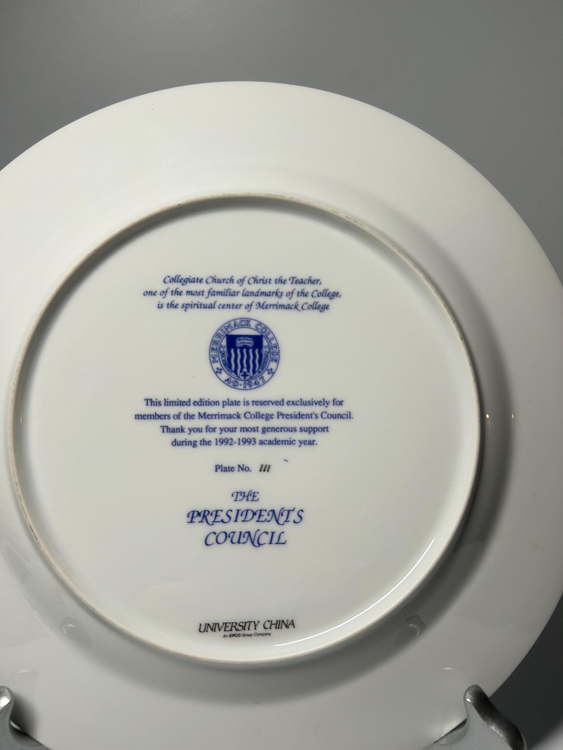 Merrimack College President's Council Commemorative Plate – 1992-1993 Limited Edition University China