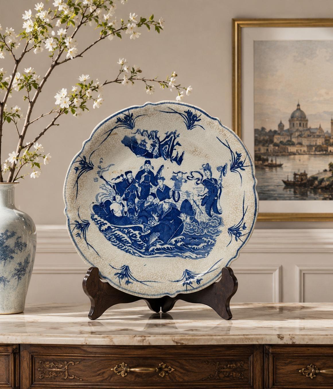 Chinese Blue & White Porcelain Dish | Crackle Glaze Scalloped Plate