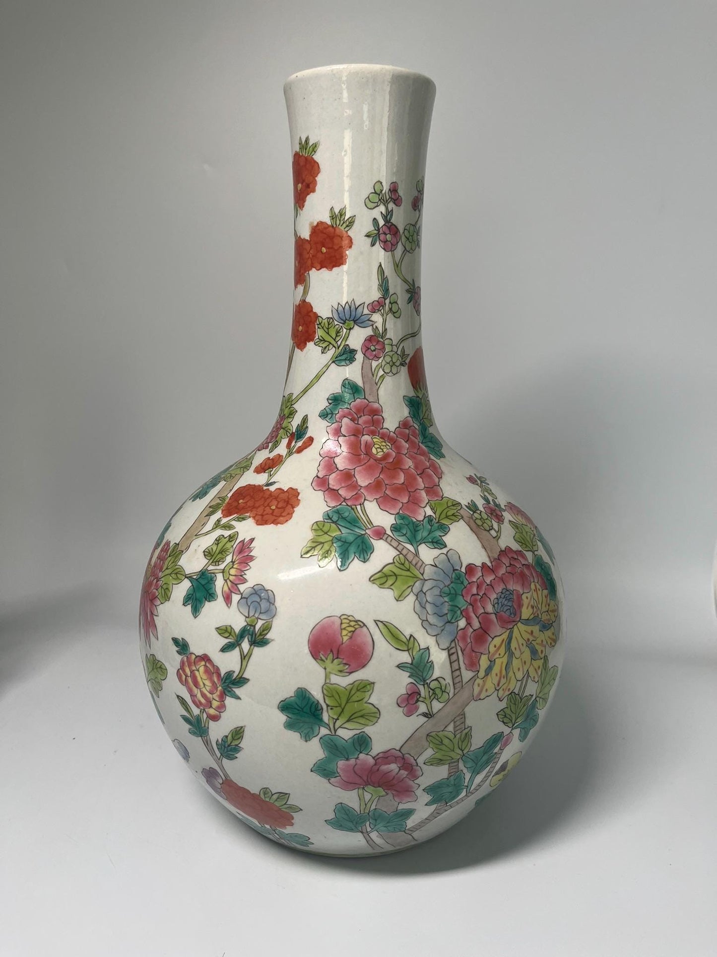 Vintage Famille Rose Porcelain Vase, Hand Painted Peony Floral Bottle, Asian Chinoiserie Decor