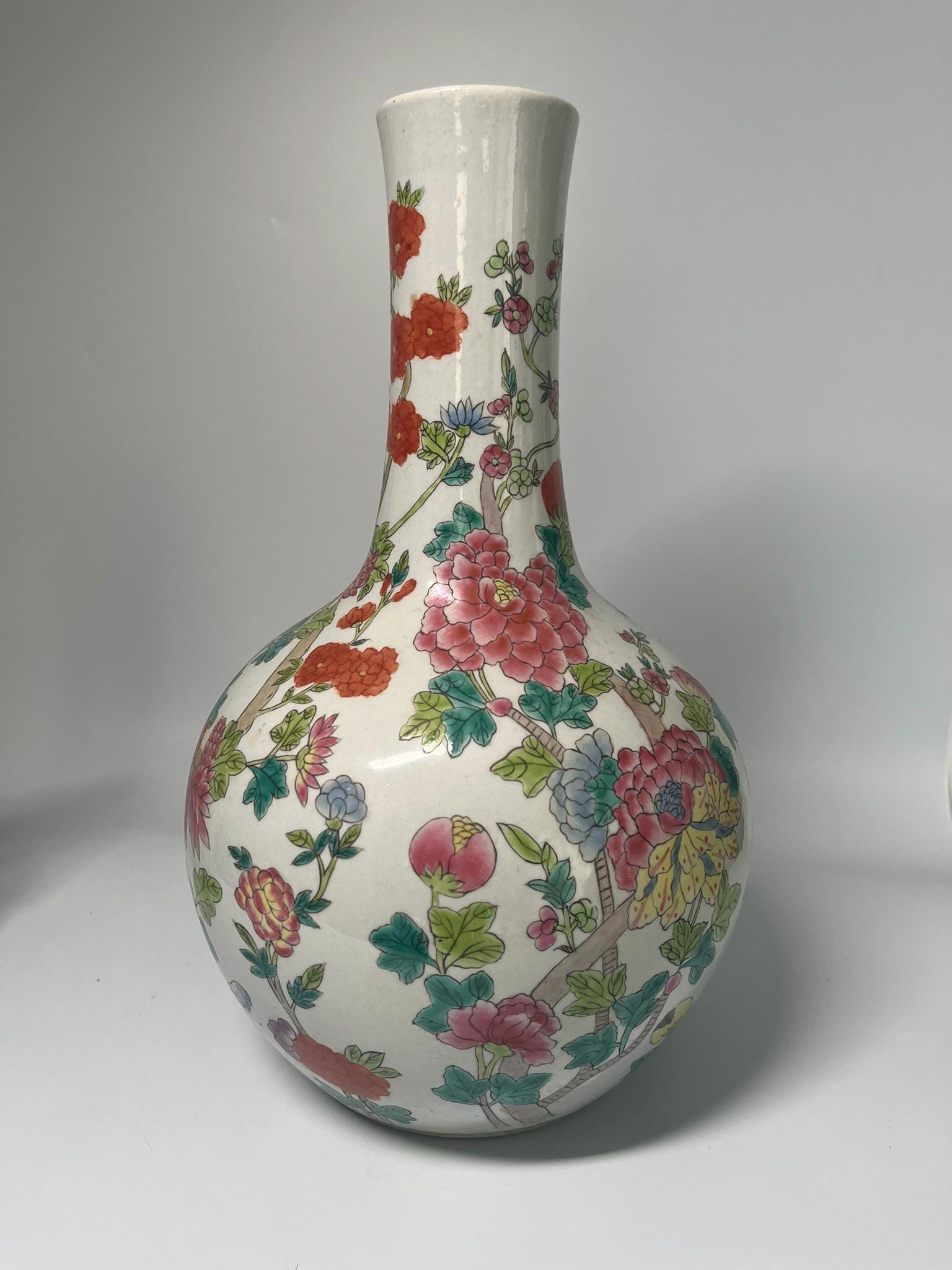 Vintage Famille Rose Porcelain Vase, Hand Painted Peony Floral Bottle, Asian Chinoiserie Decor