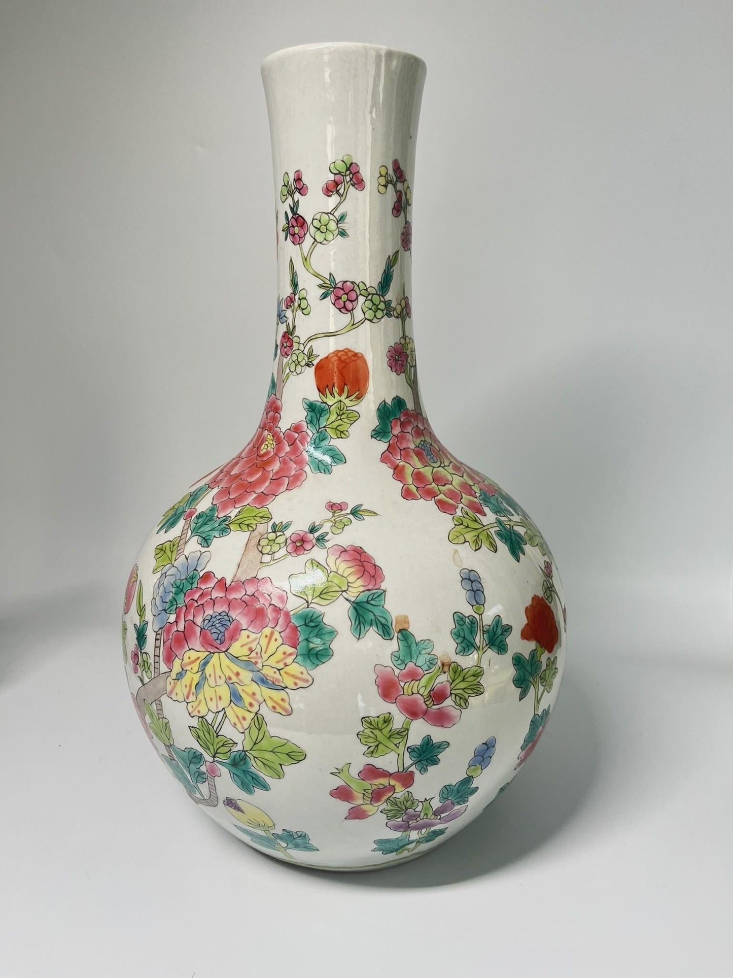 Vintage Famille Rose Porcelain Vase, Hand Painted Peony Floral Bottle, Asian Chinoiserie Decor