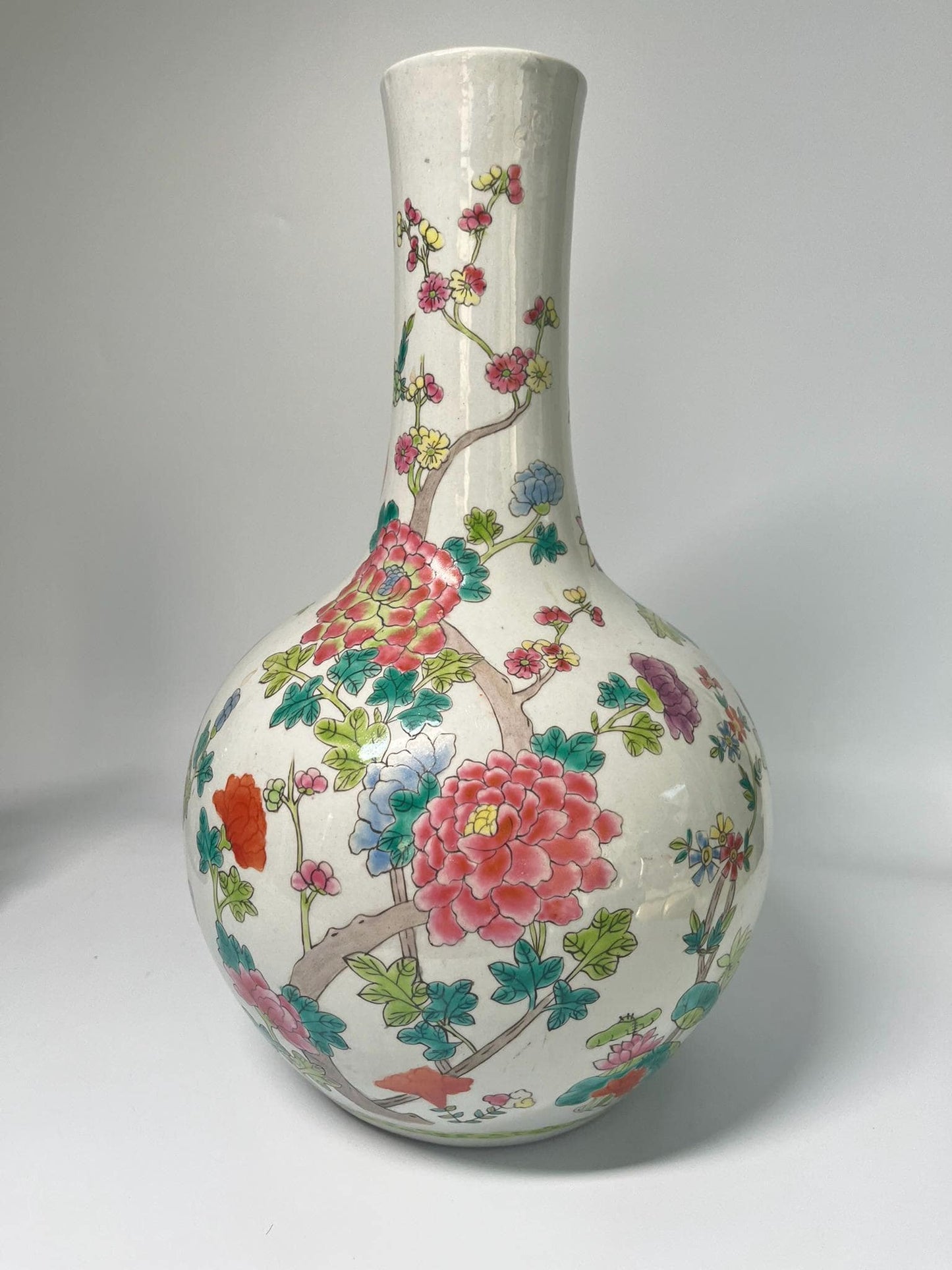 Vintage Famille Rose Porcelain Vase, Hand Painted Peony Floral Bottle, Asian Chinoiserie Decor