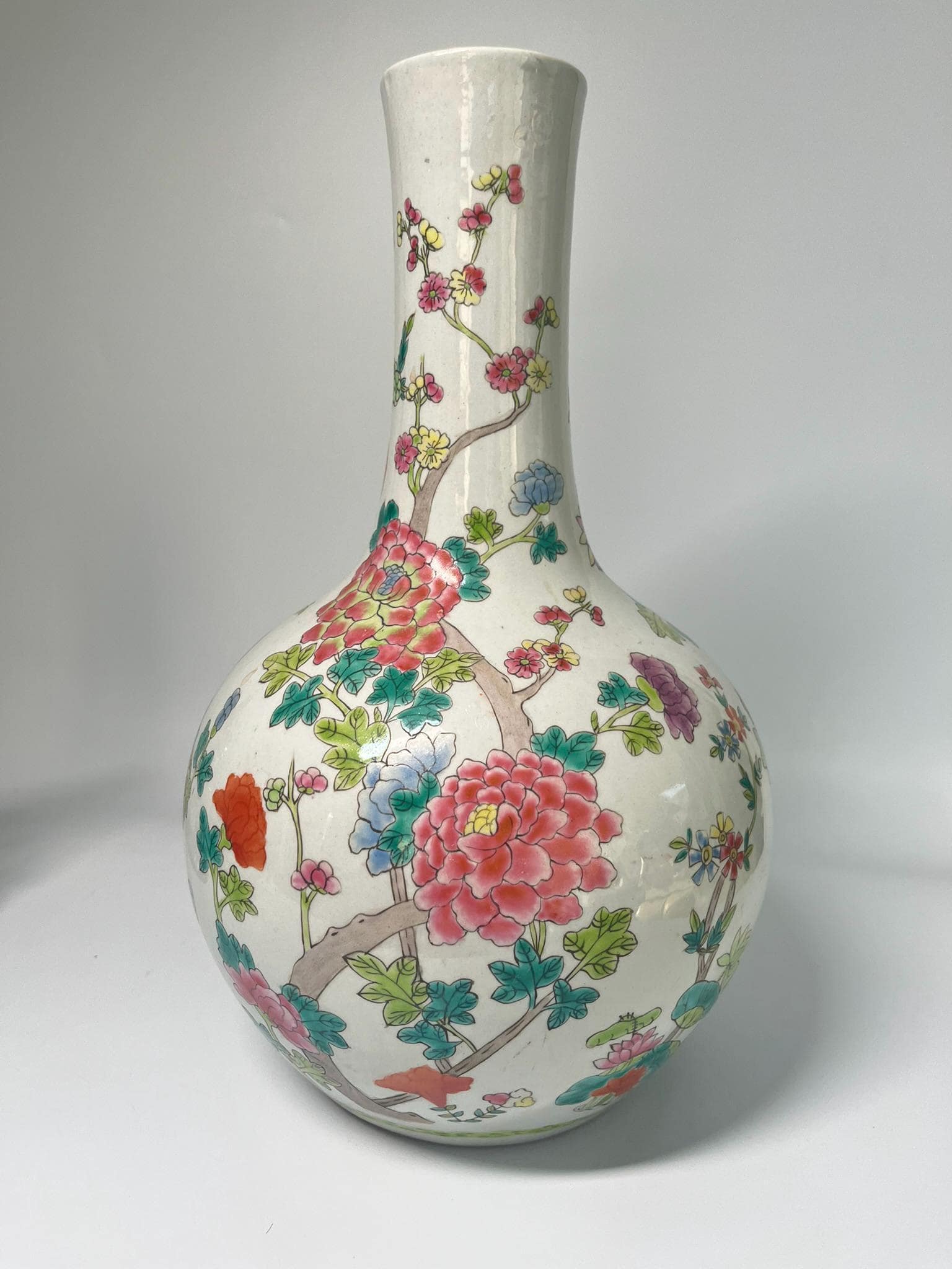 Vintage Famille Rose Porcelain Vase, Hand Painted Peony Floral Bottle, Asian Chinoiserie Decor