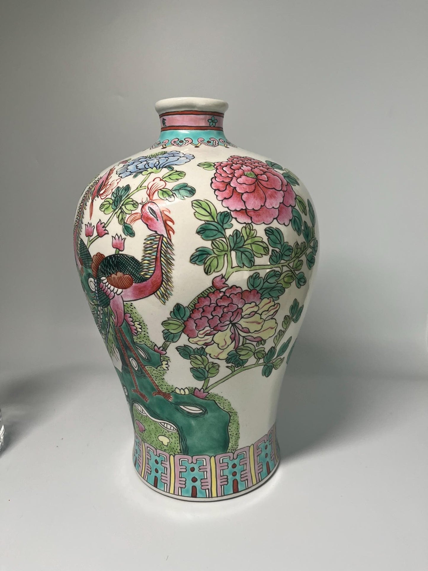 Vintage Famille Rose Porcelain Vase, Hand-Painted Phoenix Peony Chinese Export