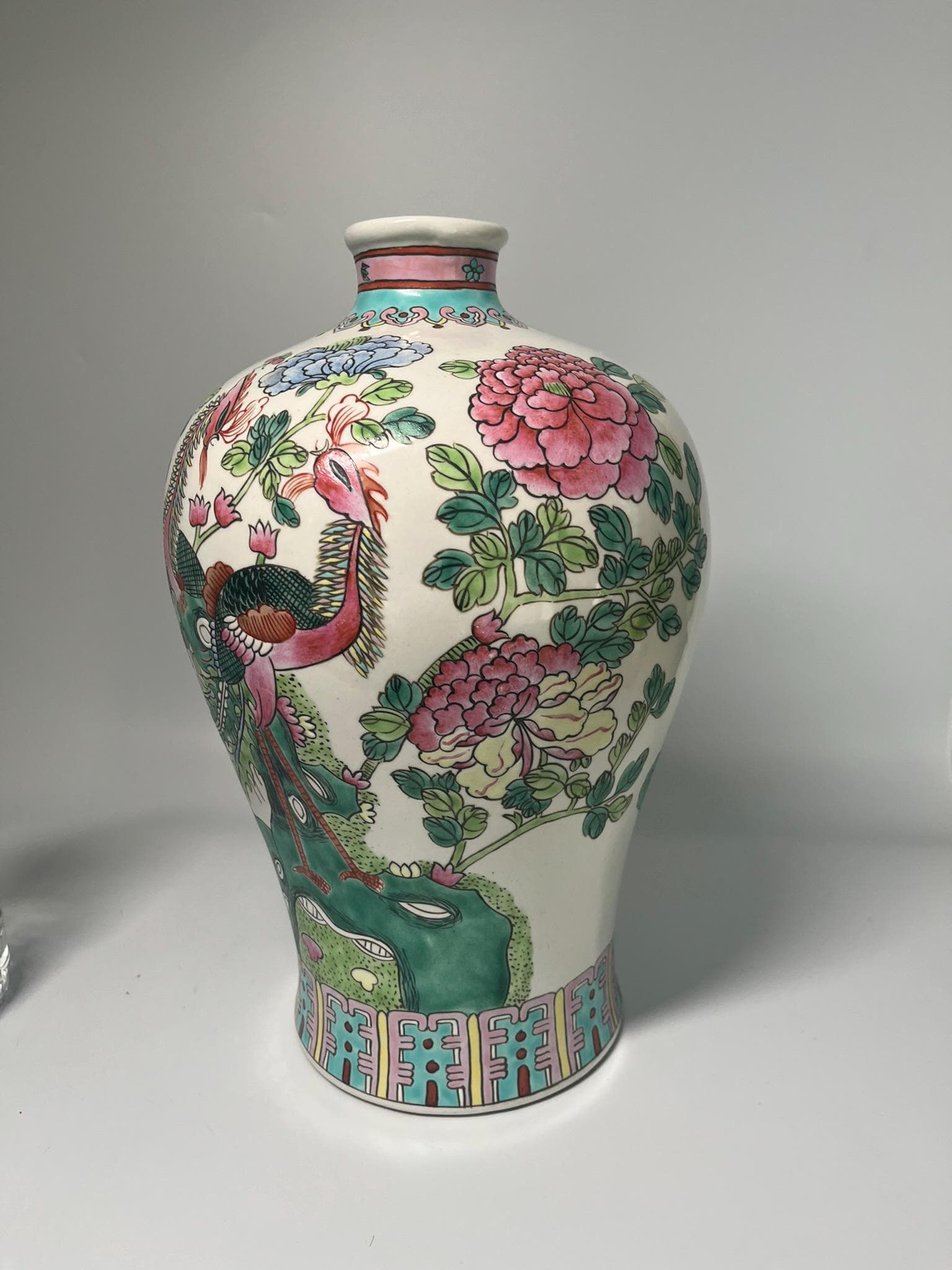 Vintage Famille Rose Porcelain Vase, Hand-Painted Phoenix Peony Chinese Export