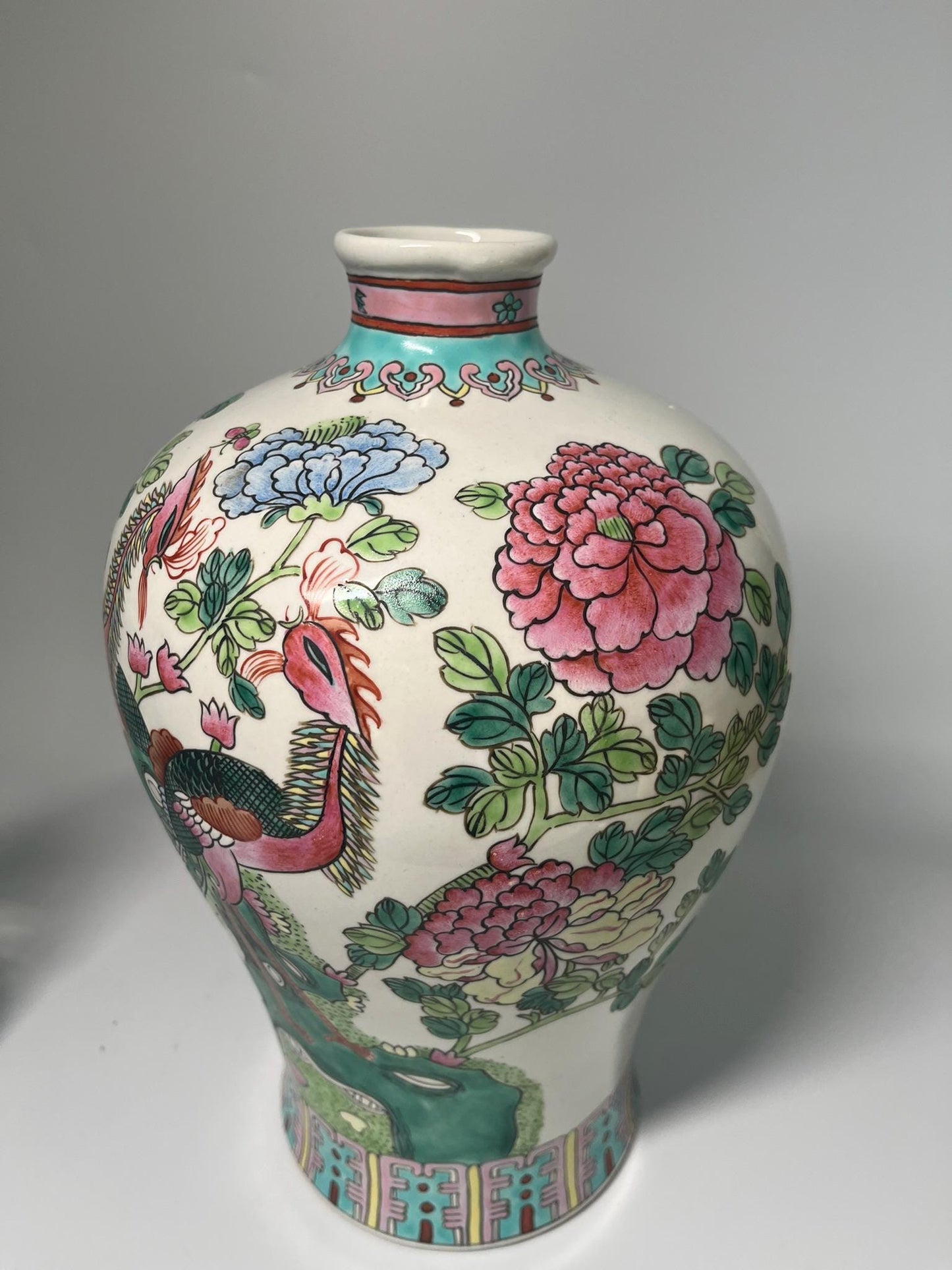 Vintage Famille Rose Porcelain Vase, Hand-Painted Phoenix Peony Chinese Export