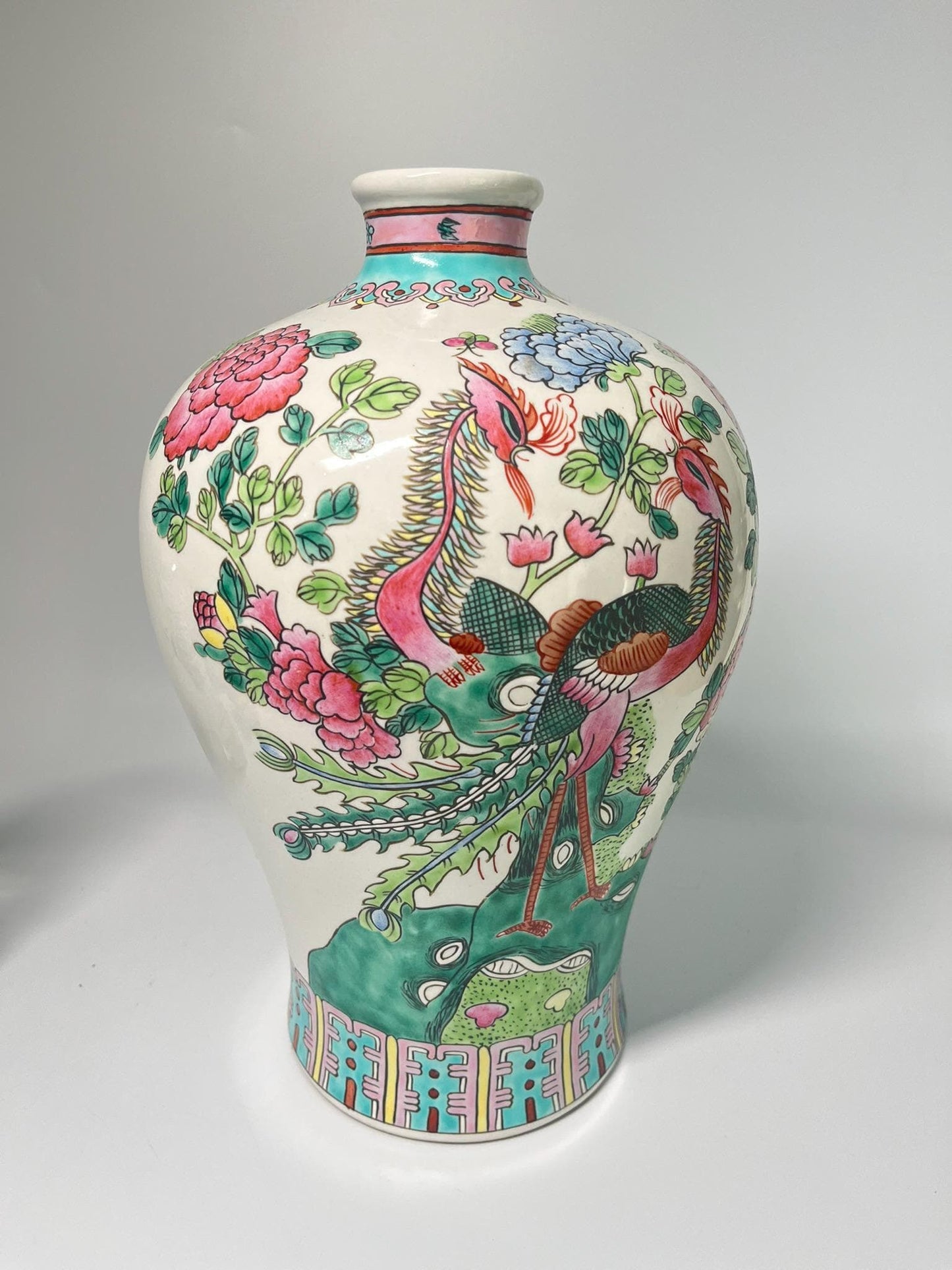 Vintage Famille Rose Porcelain Vase, Hand-Painted Phoenix Peony Chinese Export