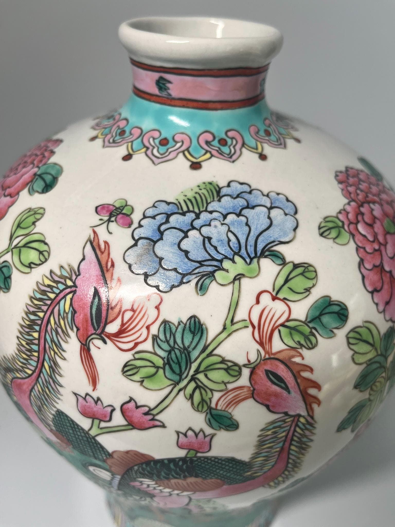 Vintage Famille Rose Porcelain Vase, Hand-Painted Phoenix Peony Chinese Export