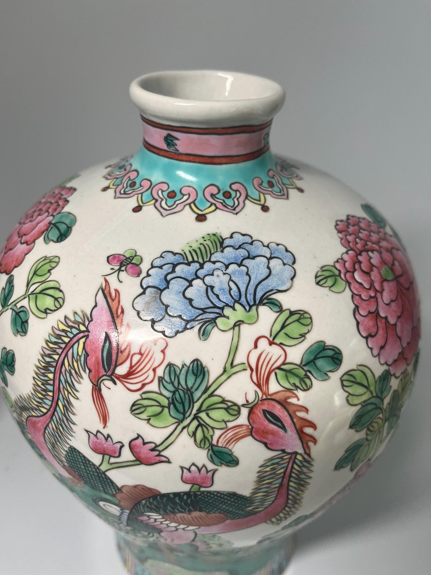 Vintage Famille Rose Porcelain Vase, Hand-Painted Phoenix Peony Chinese Export