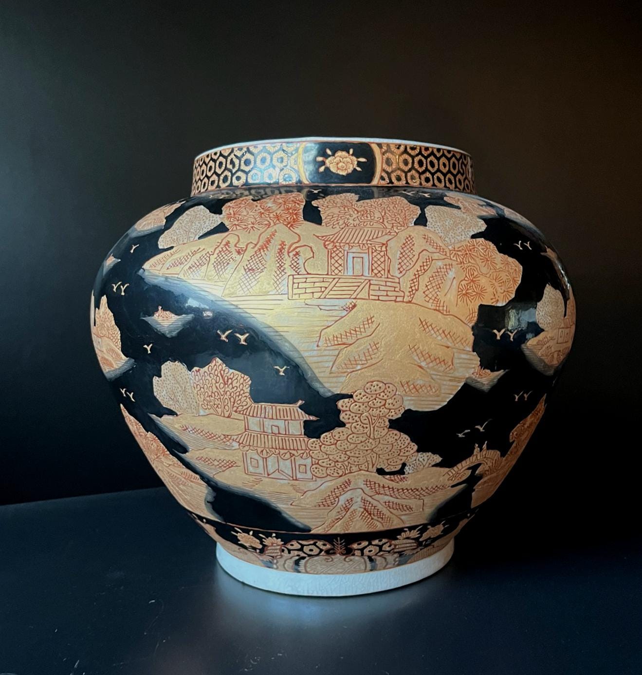 Japanese Satsuma Style Black & Gold Landscape Ginger Jar Vase | Hand Decorated Scenic Pottery | Asian Home Decor | Vintage Collectible