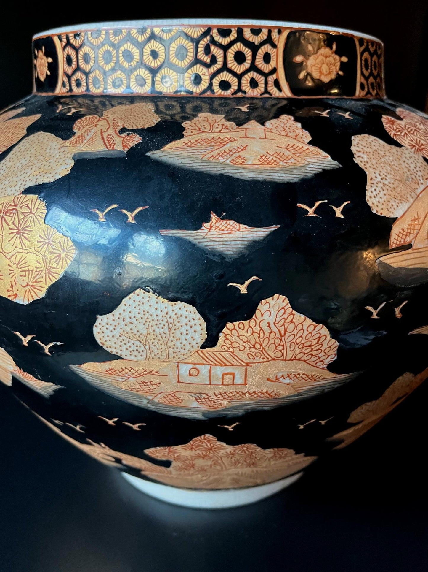 Japanese Satsuma Style Black & Gold Landscape Ginger Jar Vase | Hand Decorated Scenic Pottery | Asian Home Decor | Vintage Collectible
