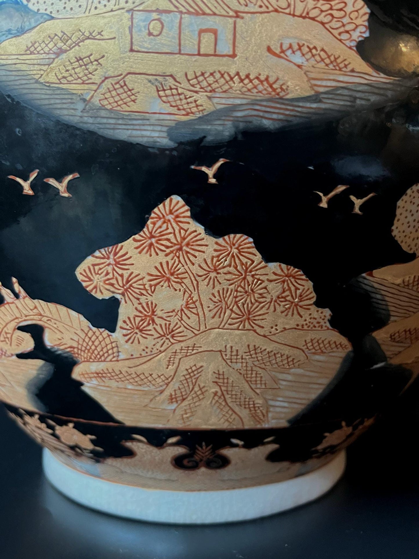 Japanese Satsuma Style Black & Gold Landscape Ginger Jar Vase | Hand Decorated Scenic Pottery | Asian Home Decor | Vintage Collectible