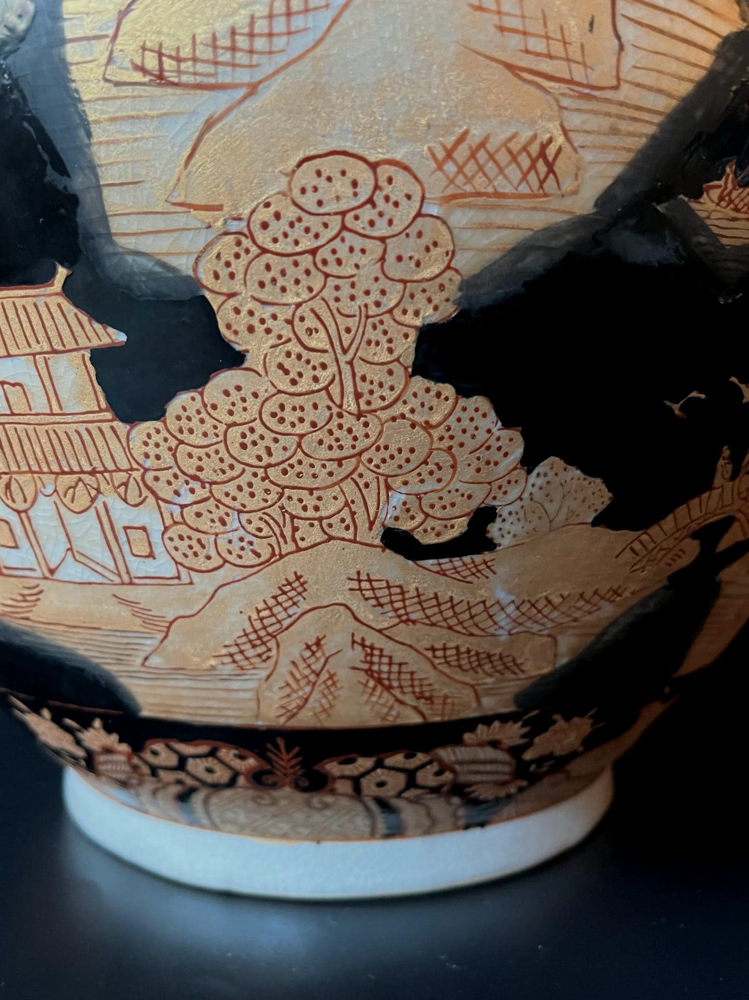 Japanese Satsuma Style Black & Gold Landscape Ginger Jar Vase | Hand Decorated Scenic Pottery | Asian Home Decor | Vintage Collectible