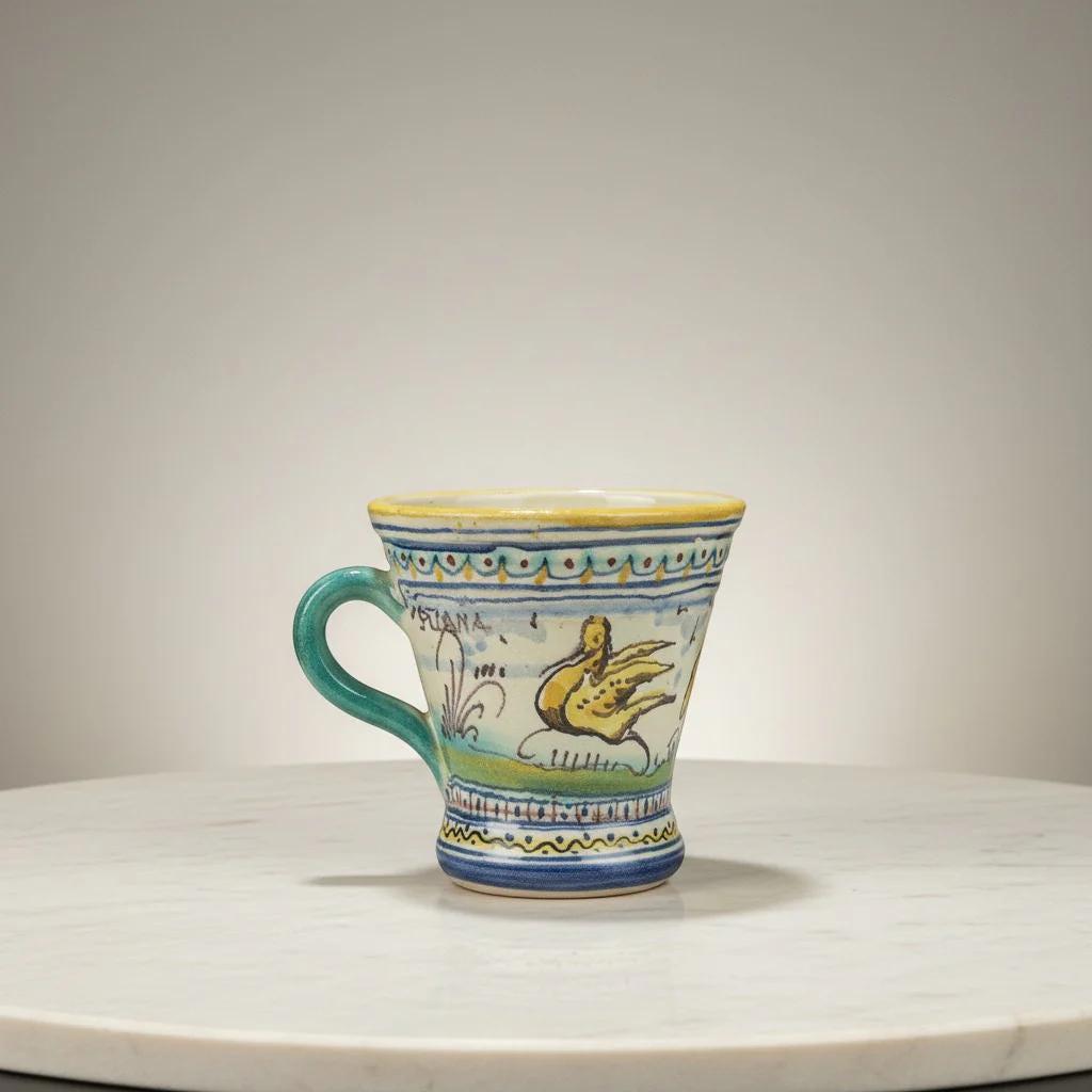 C&C Atelier hand-painted ceramic mug with yellow bird and blue floral motifs. Features a teal handle and yellow rim.