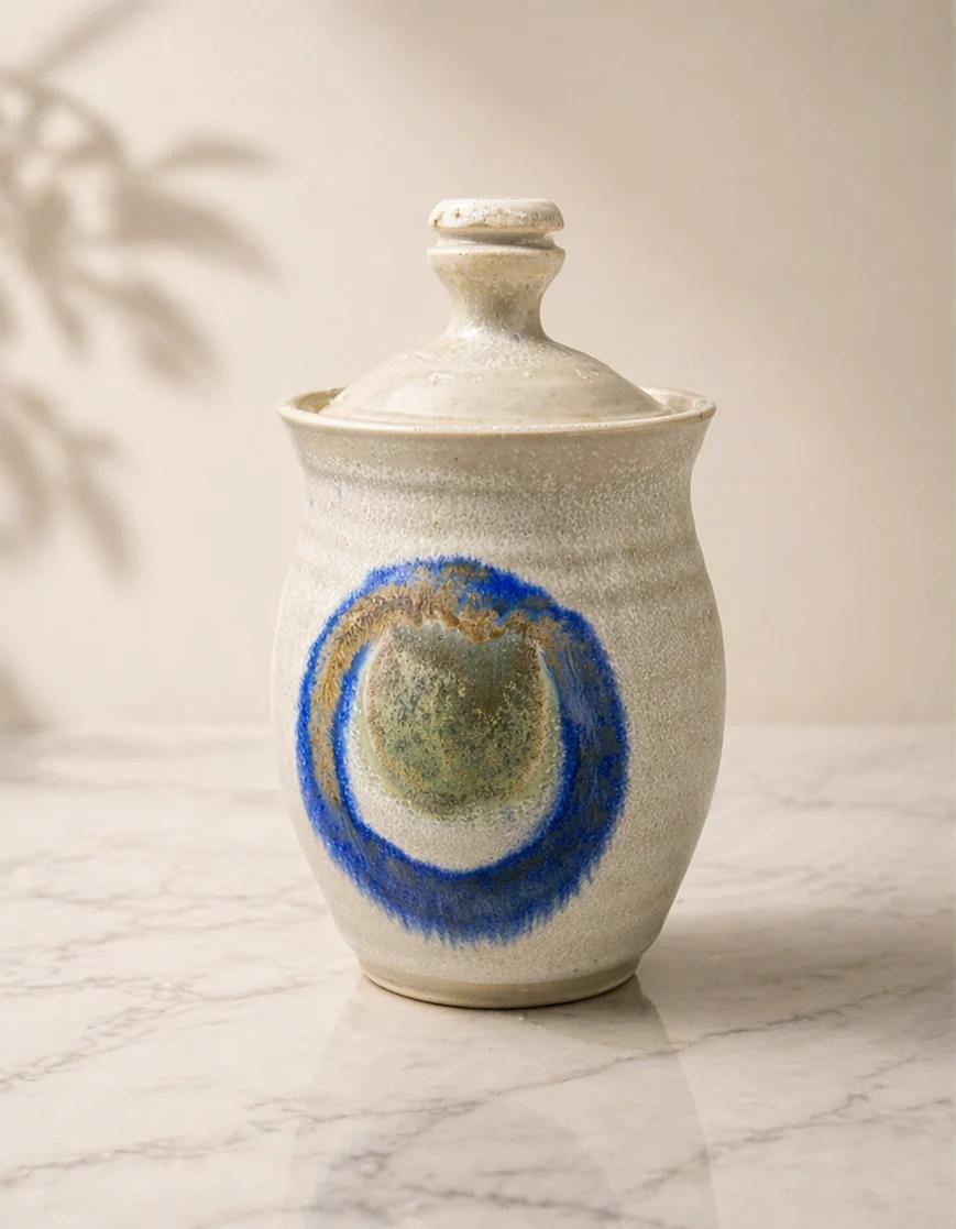 Hand-Thrown Studio Pottery Jar with Blue & Green Glaze Circle