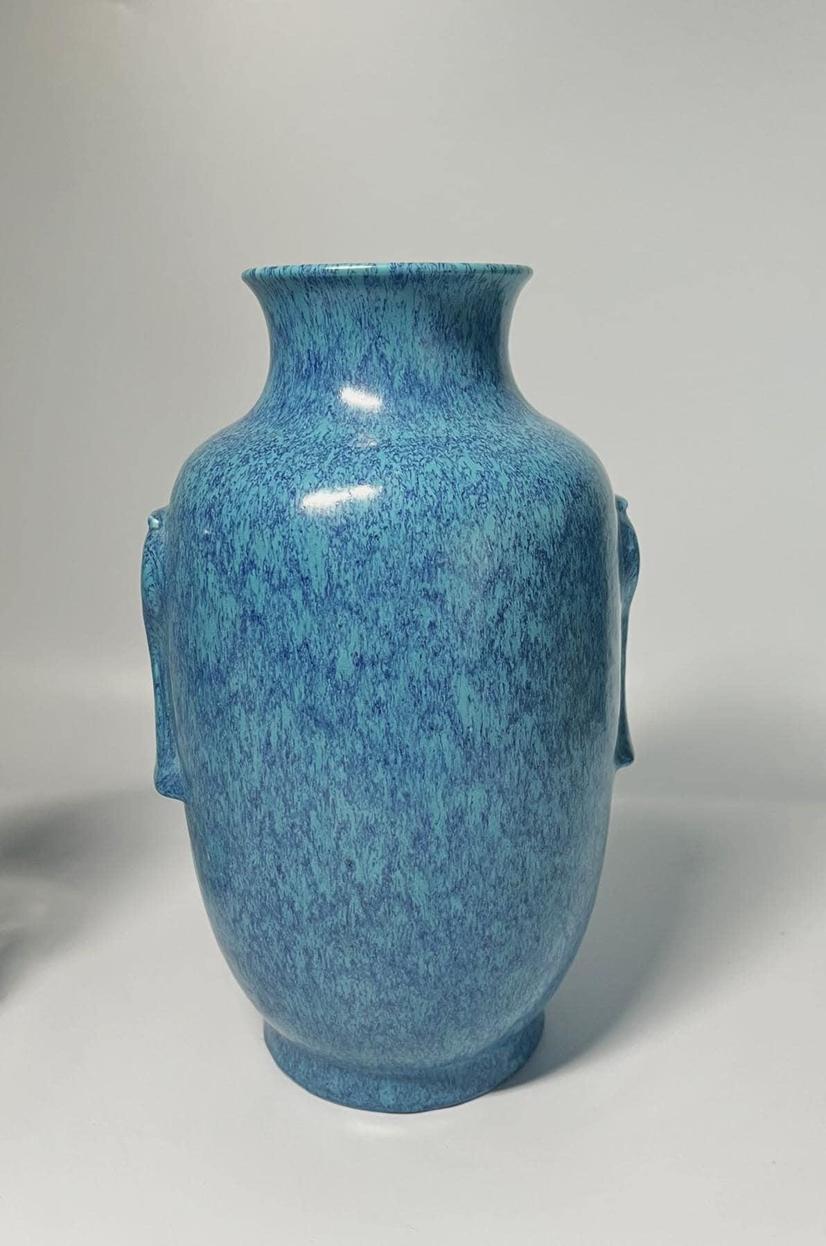 Vintage Blue Speckled Glaze Ceramic Vase with Elephant Head Handles