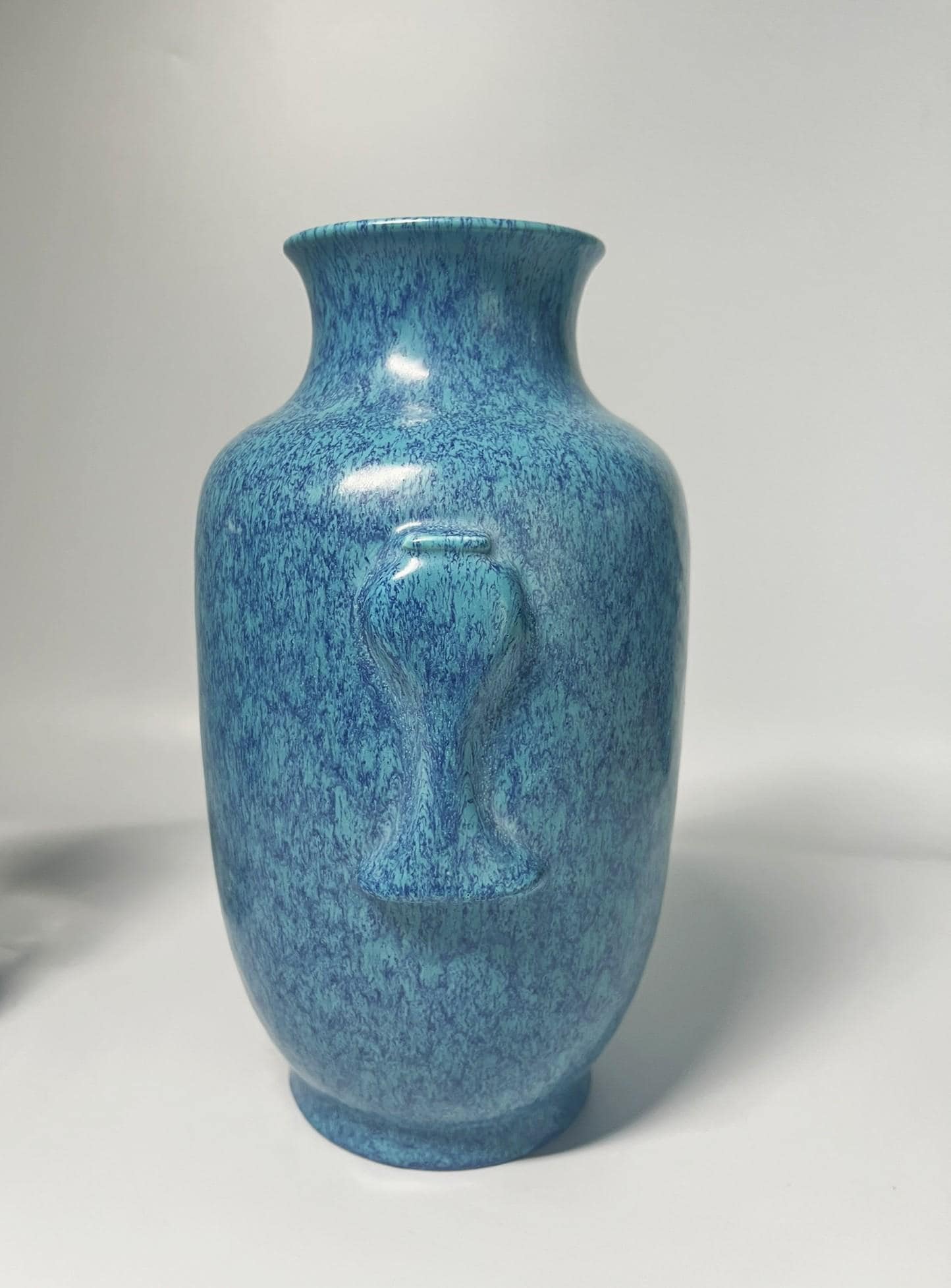 Vintage Blue Speckled Glaze Ceramic Vase with Elephant Head Handles