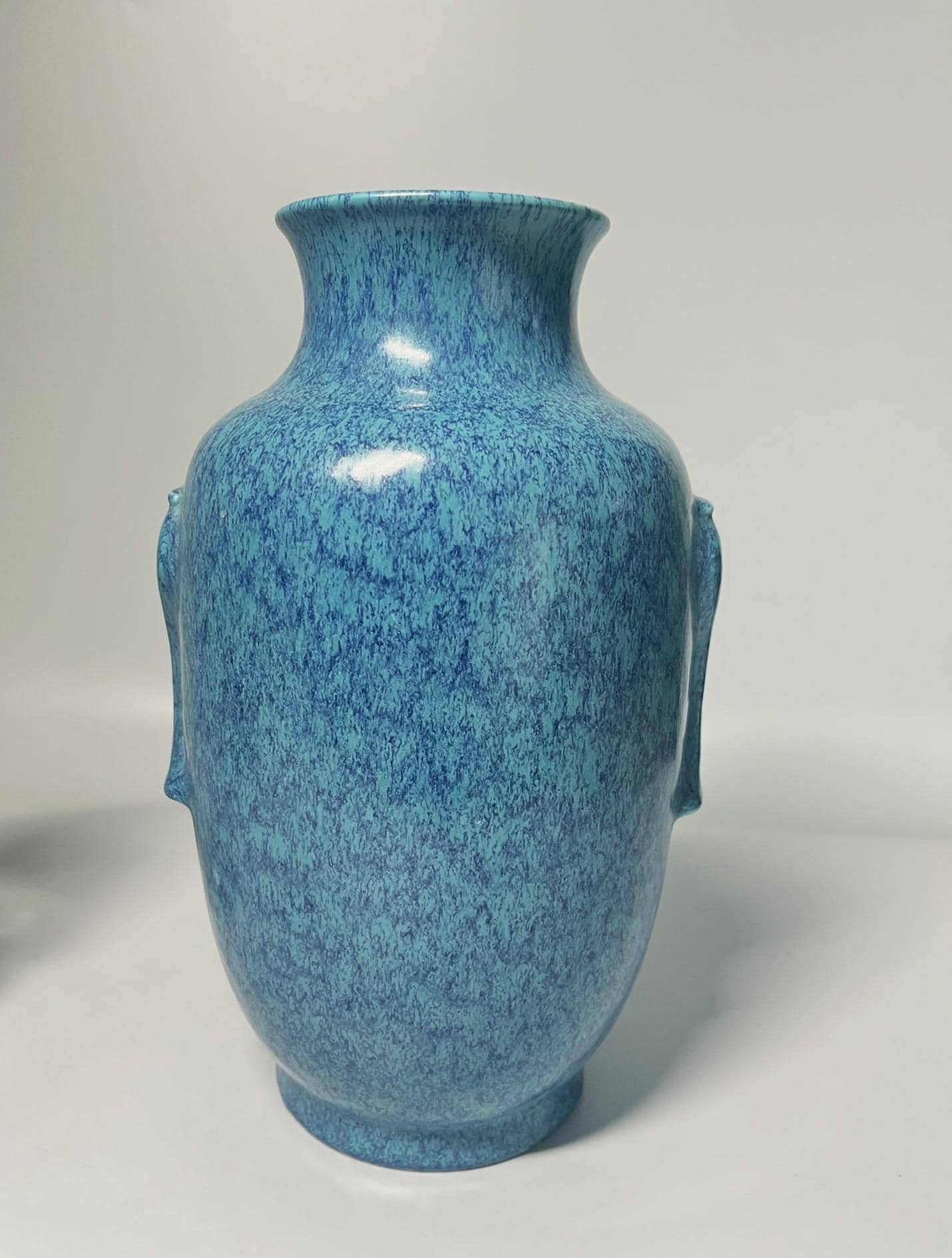 Vintage Blue Speckled Glaze Ceramic Vase with Elephant Head Handles