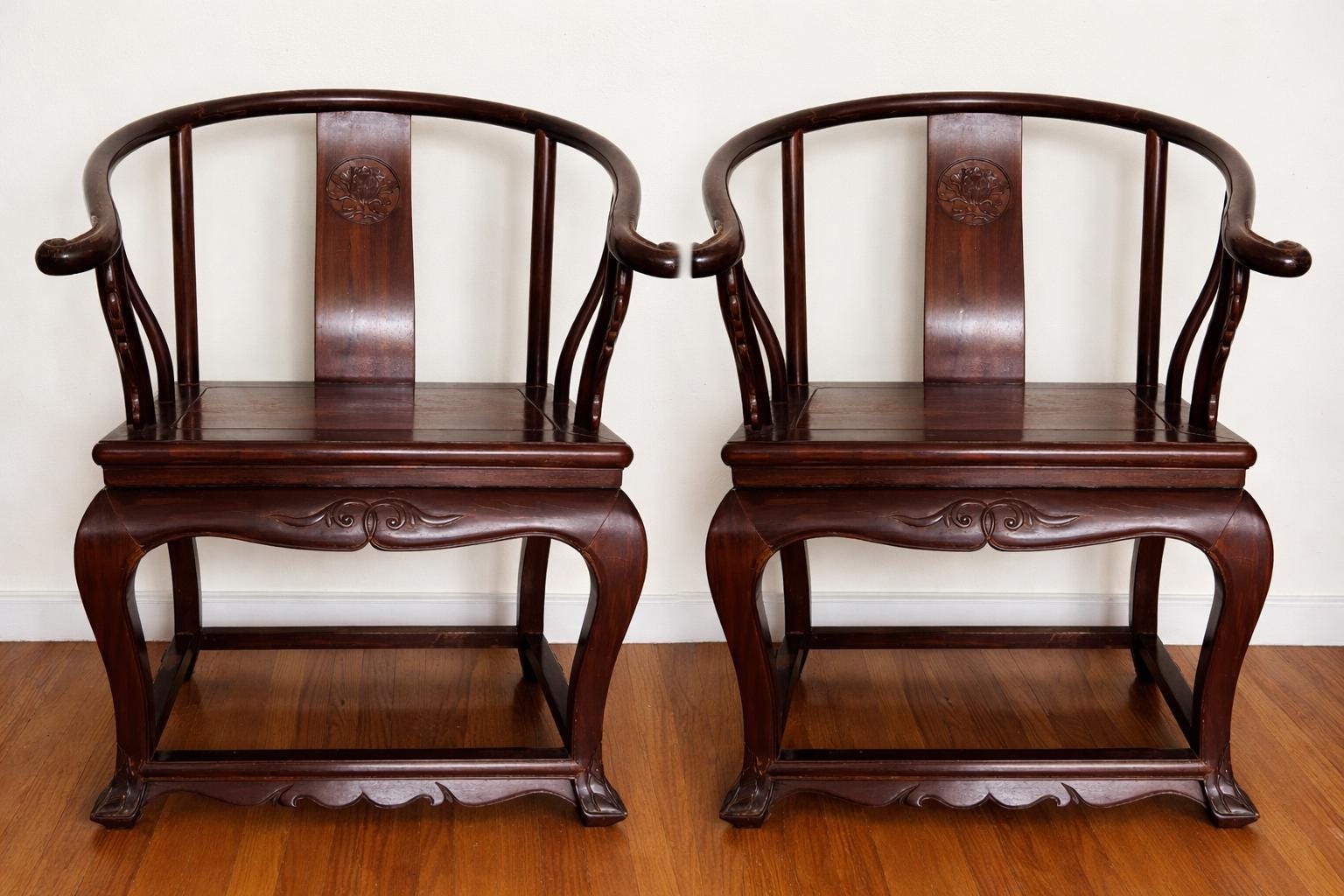 Pair of Chinese Ming Style Hardwood Horseshoe Armchairs | Oriental Accent Chairs | Asian Zen Seating