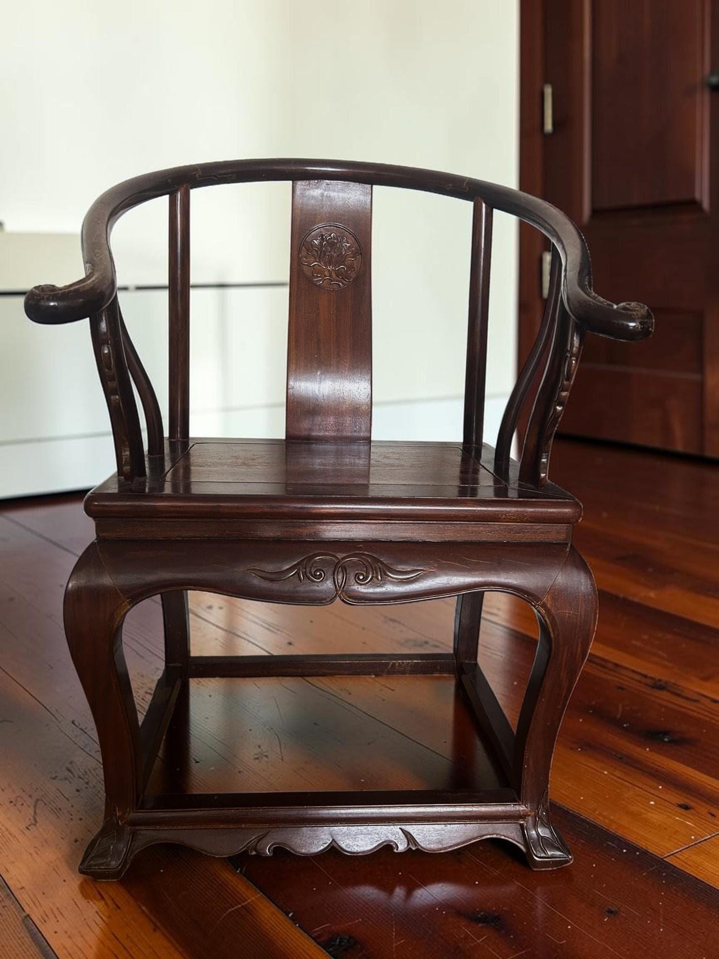 Pair of Chinese Ming Style Hardwood Horseshoe Armchairs | Oriental Accent Chairs | Asian Zen Seating