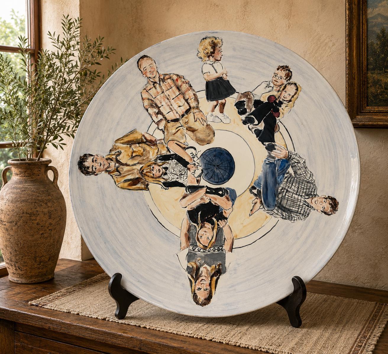 Signed Martha Novak Hand-Painted Ceramic Plate | Folk Art Family Portrait Charger (July 2000)