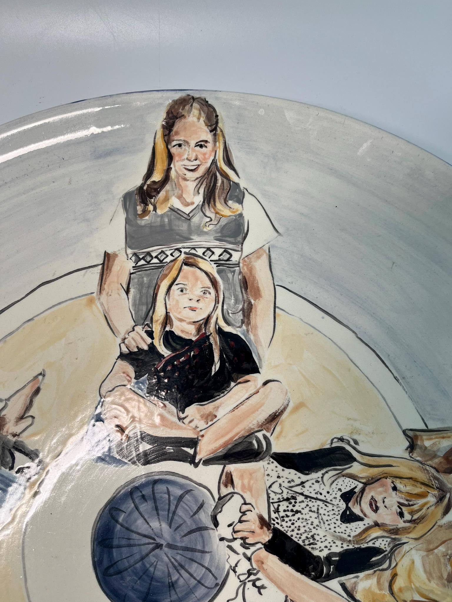 Signed Martha Novak Hand-Painted Ceramic Plate | Folk Art Family Portrait Charger (July 2000)