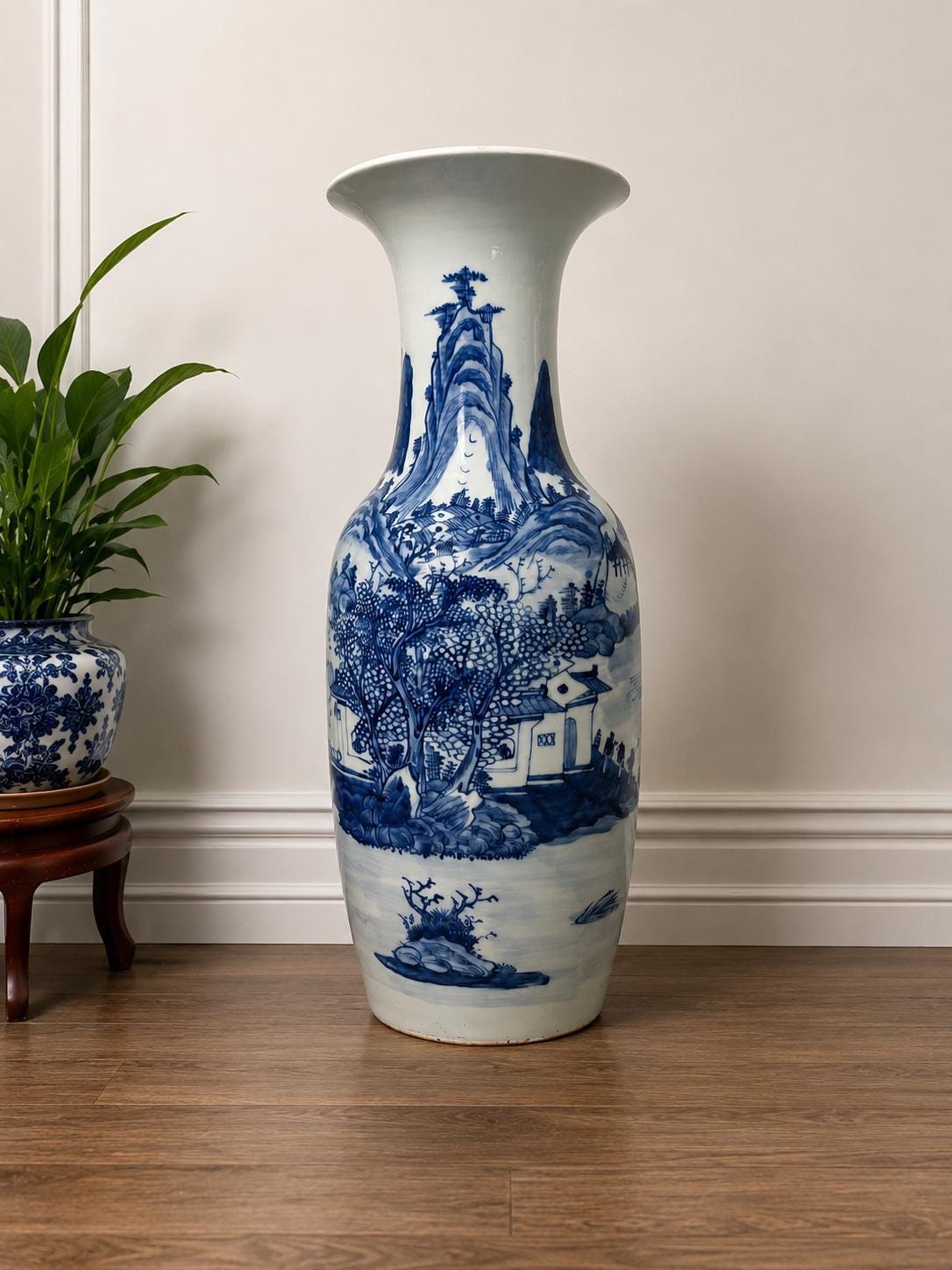 Large Chinese Blue and White Porcelain Vase | Landscape Scenic Floor Vase