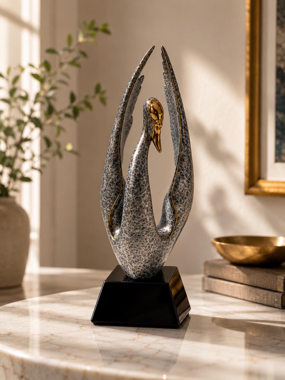 Modern Abstract Swan Sculpture – Signed Limited Edition Metal Art Statue on Marble Base
