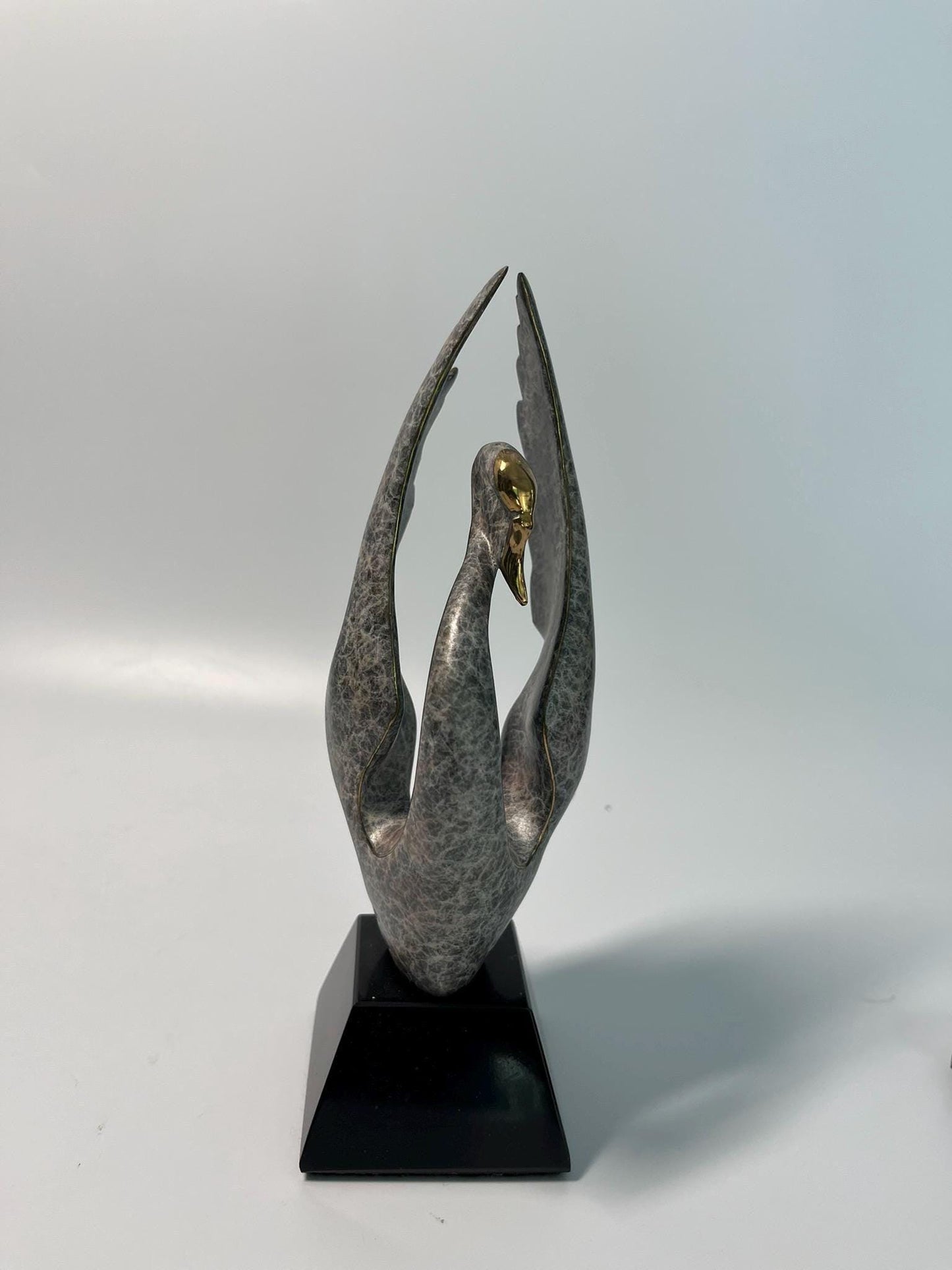 Modern Abstract Swan Sculpture – Signed Limited Edition Metal Art Statue on Marble Base