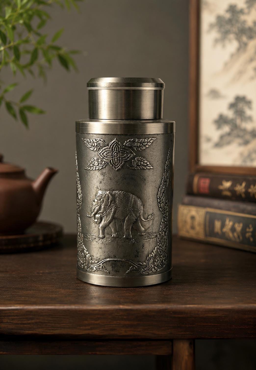 Vintage Pewter Elephant Relief Tea Caddy Canister with Lid | Decorative Metal Storage Jar