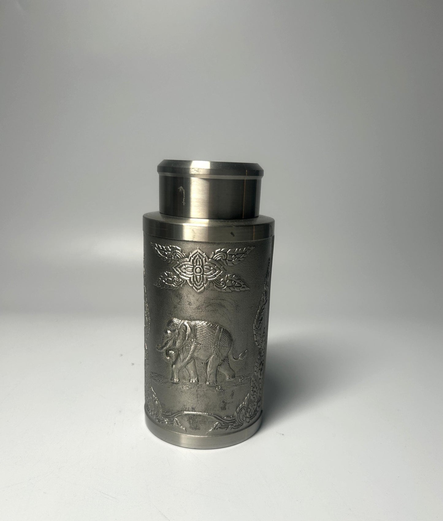 Vintage Pewter Elephant Relief Tea Caddy Canister with Lid | Decorative Metal Storage Jar