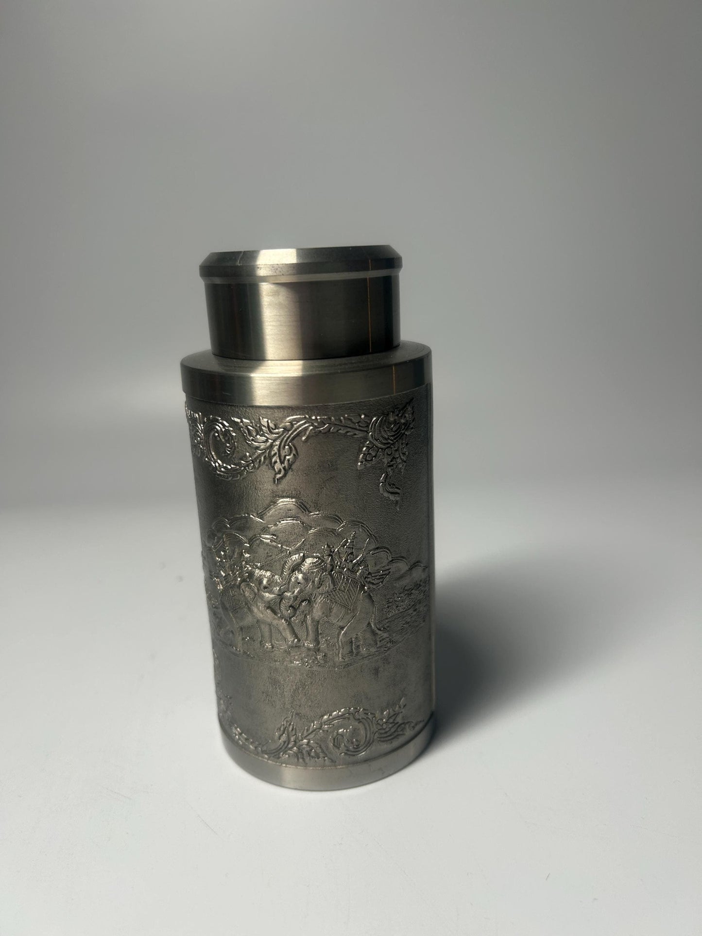 Vintage Pewter Elephant Relief Tea Caddy Canister with Lid | Decorative Metal Storage Jar