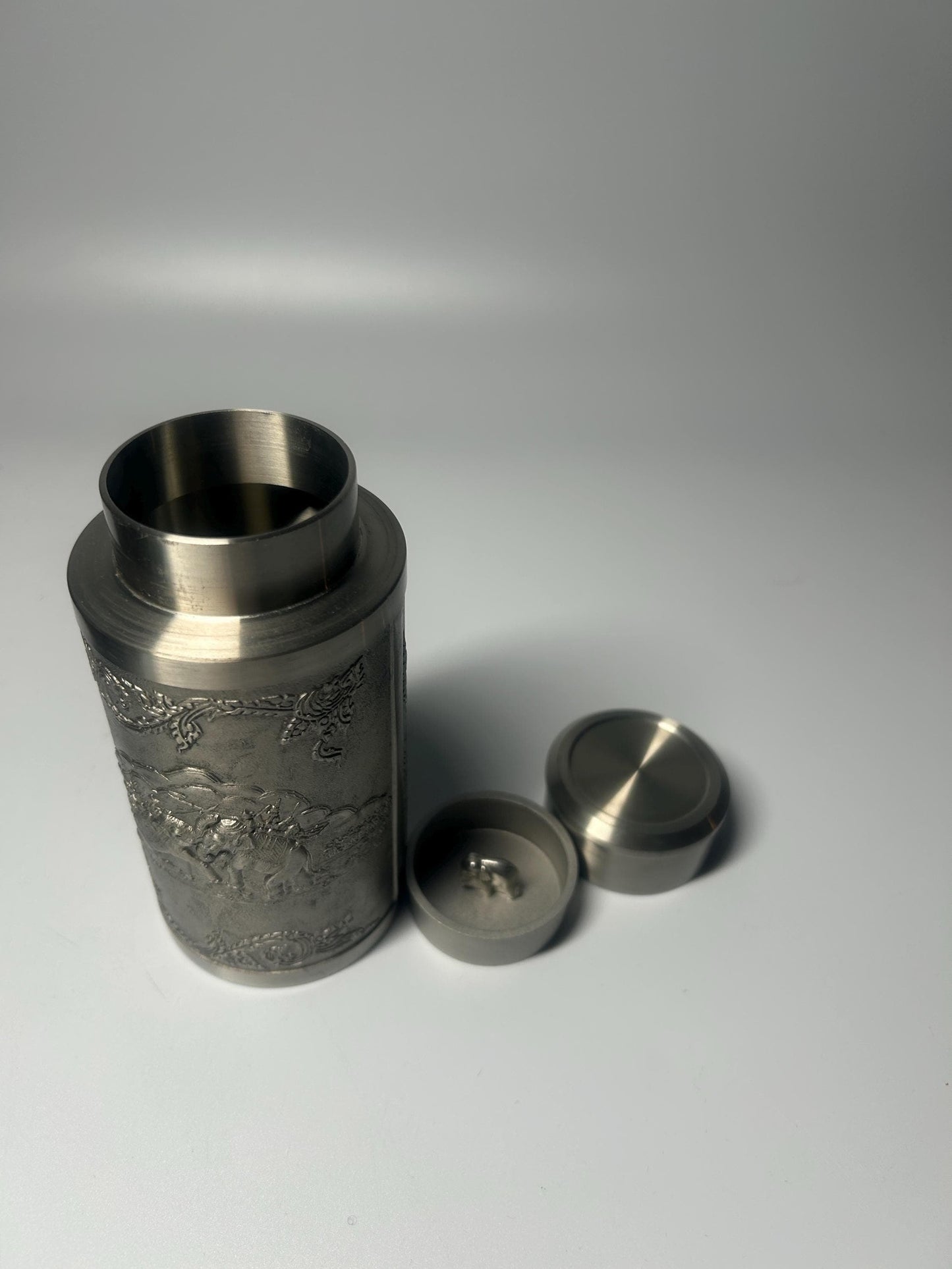 Vintage Pewter Elephant Relief Tea Caddy Canister with Lid | Decorative Metal Storage Jar