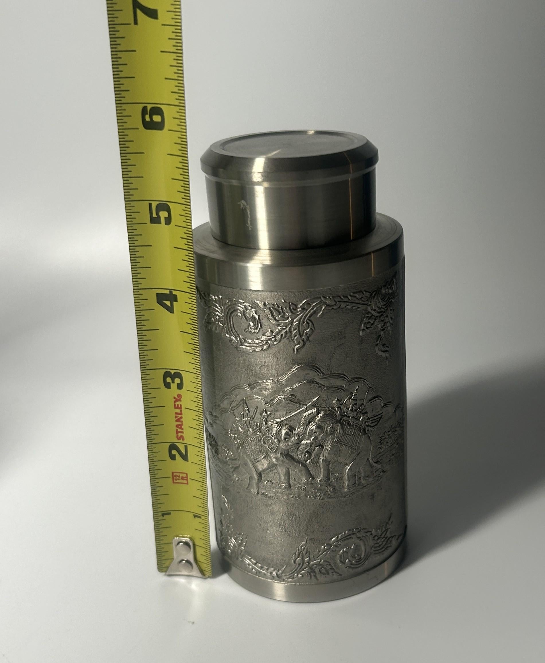 Vintage Pewter Elephant Relief Tea Caddy Canister with Lid | Decorative Metal Storage Jar