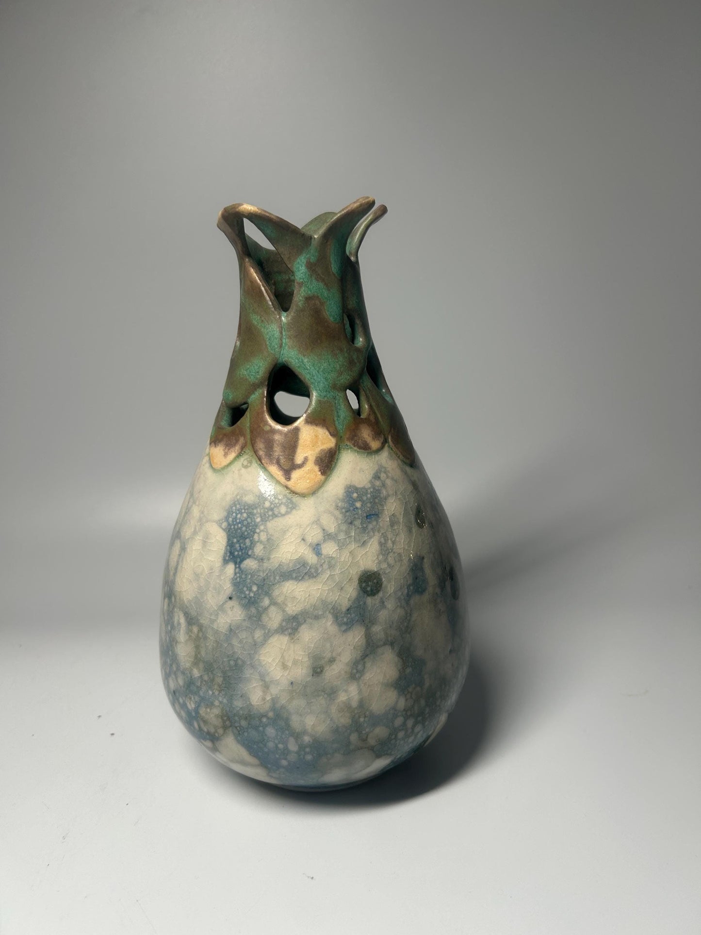 Signed Studio Pottery Pierced Neck Vase with Crystalline Blue Glaze